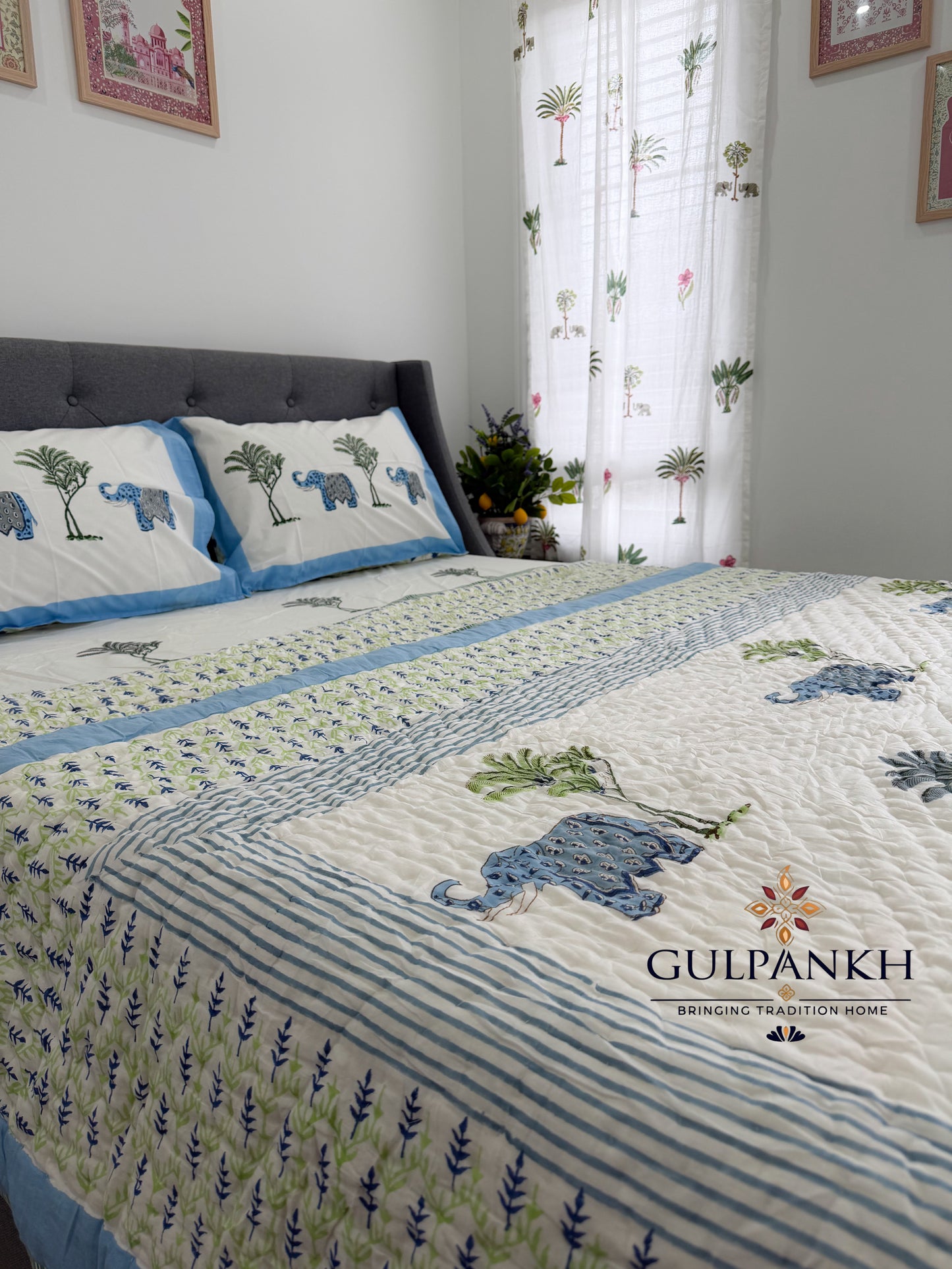 Royal Elephant Garden Hand Block Printed Cotton Queen Bedding Set with Quilt | Gulpankh Canada