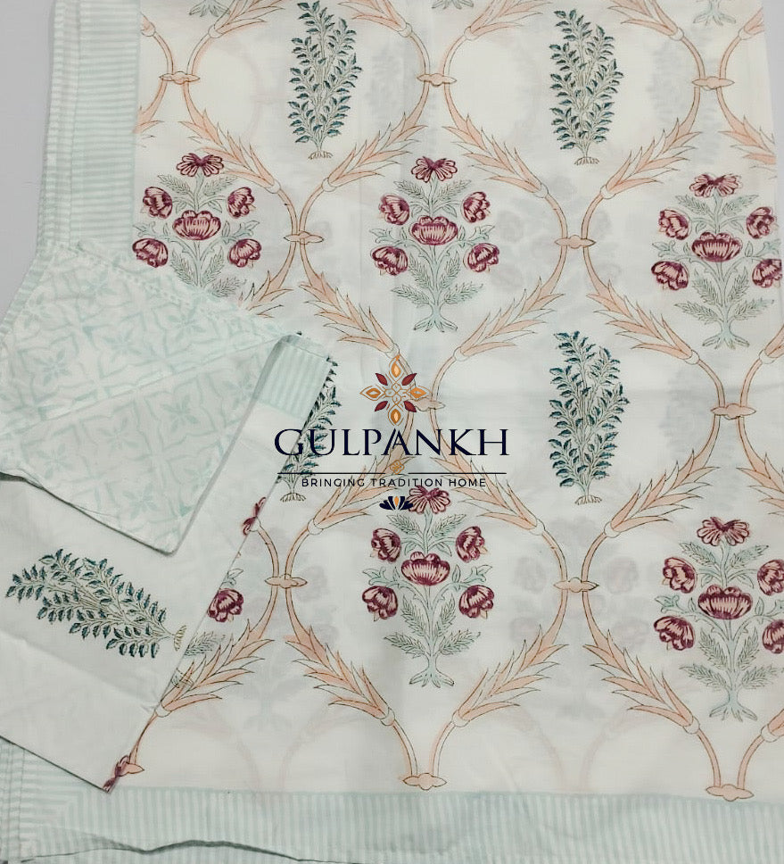 Hand Block Printed 100% Cotton Queen Fitted Bedsheet – Blush Teal Mughal Vine | Gulpankh Canada