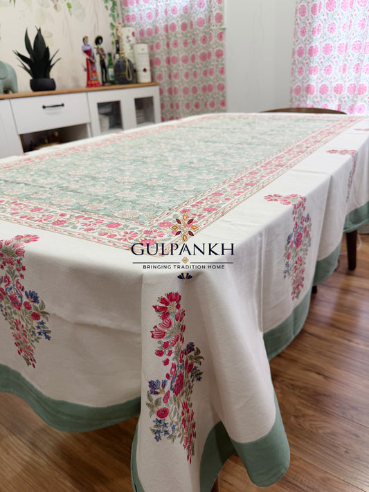Hand Block Printed Cotton Table Cover - Sage Blossom Meadow | Gulpankh Canada