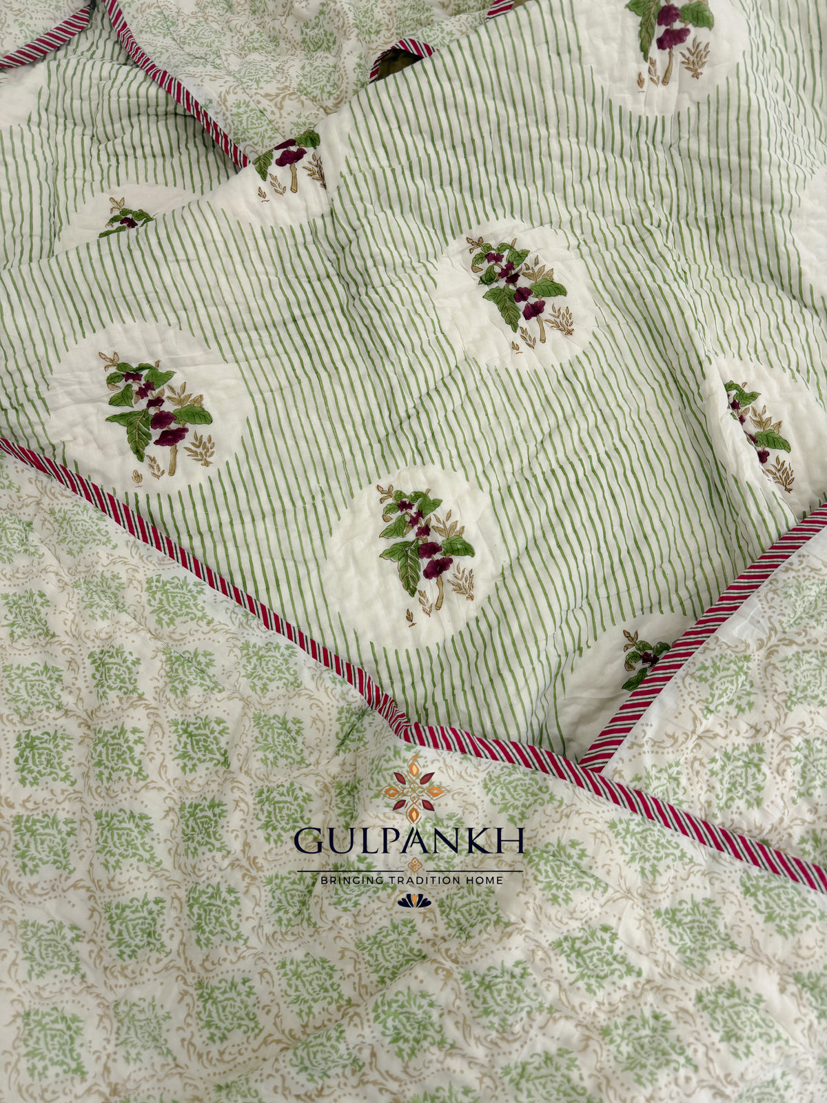 Hand Block Printed Cotton Bedding Set with Quilt - Gulbahar Sage | Gulpankh Canada
