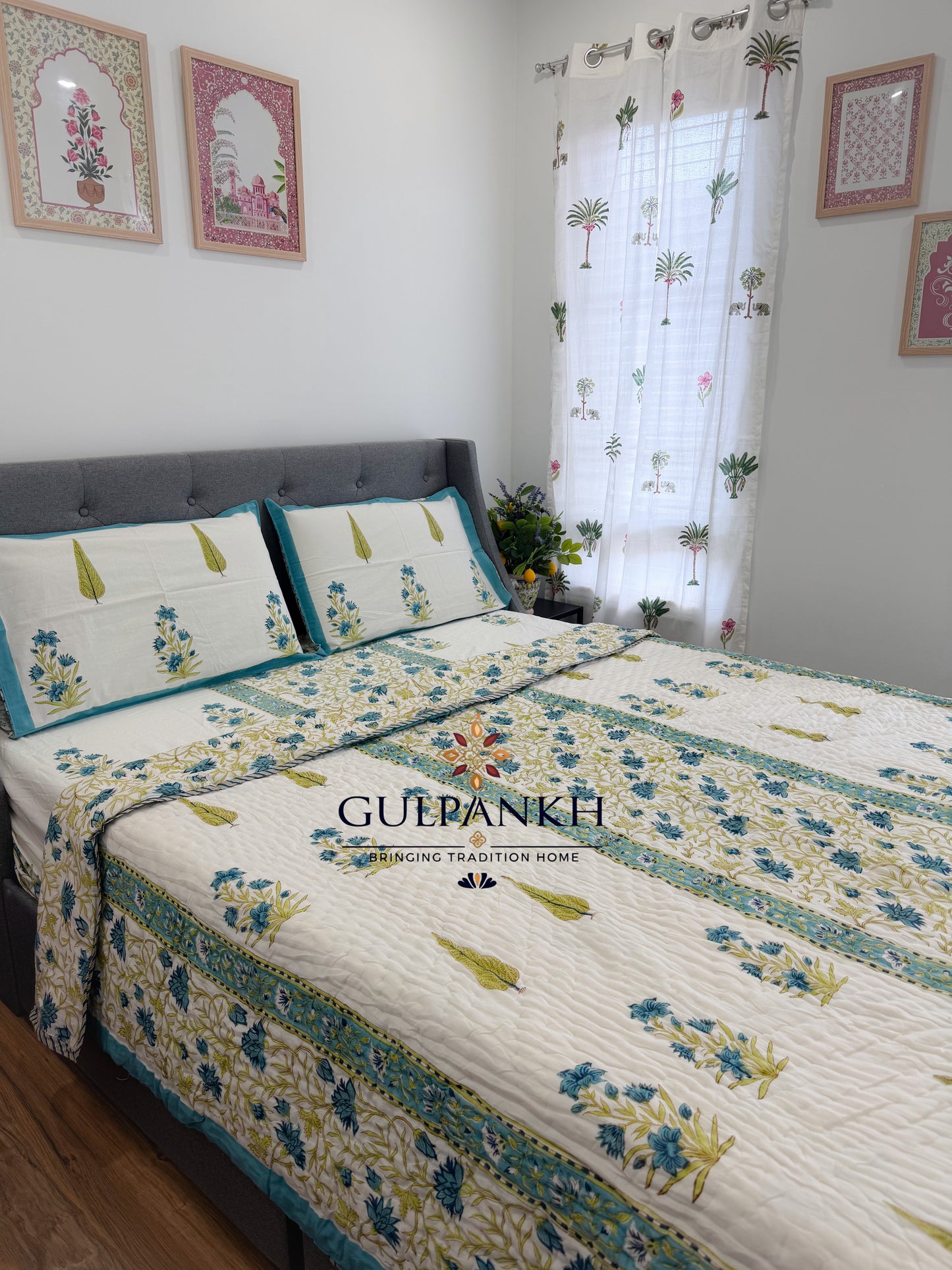 Hand Block Printed Cotton Bedding Set with Quilt - Azure Wildflower Courtyard | Gulpankh Canada