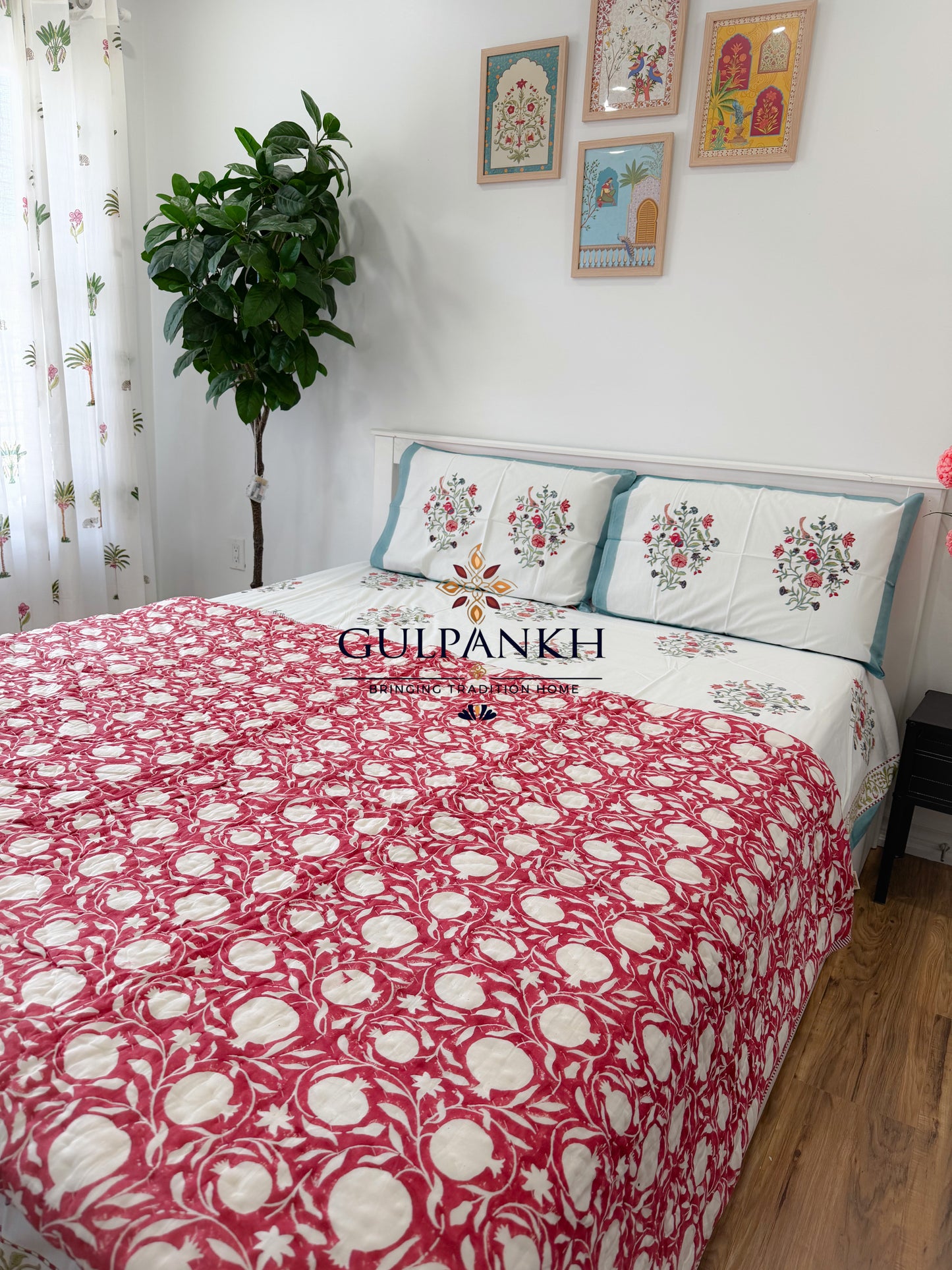 Hand Block Printed Cotton Bedding Set with Quilt - Noor-e-Gulab | Gulpankh Canada