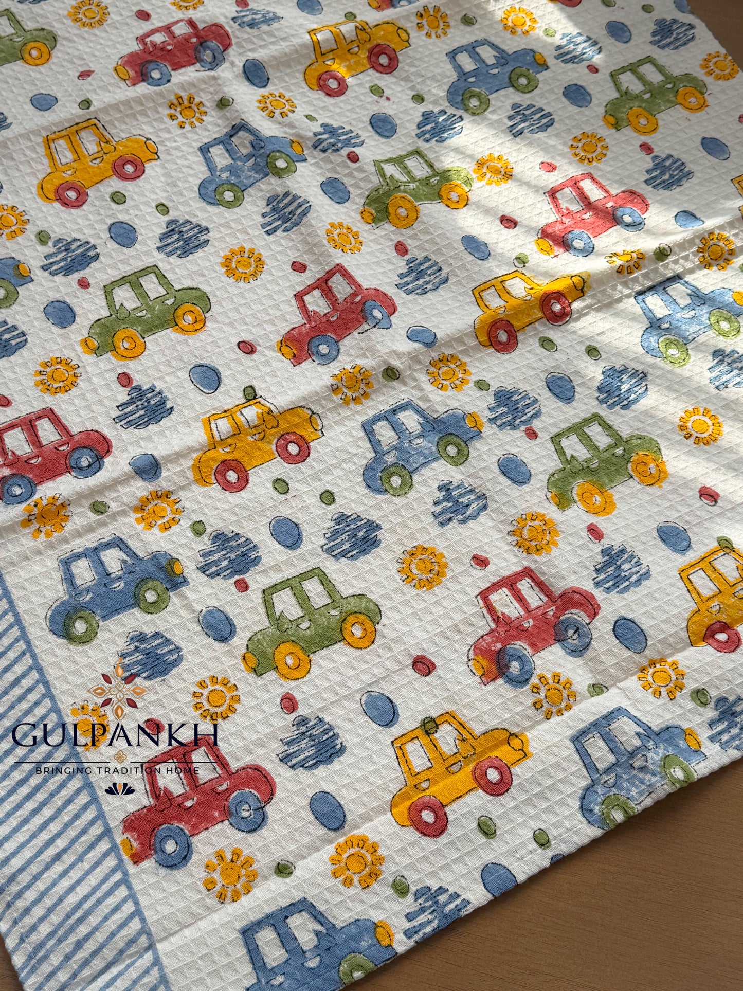 Little Safari Wheels Hand Block Printed Waffle Cotton Towel | Gulpankh Canada