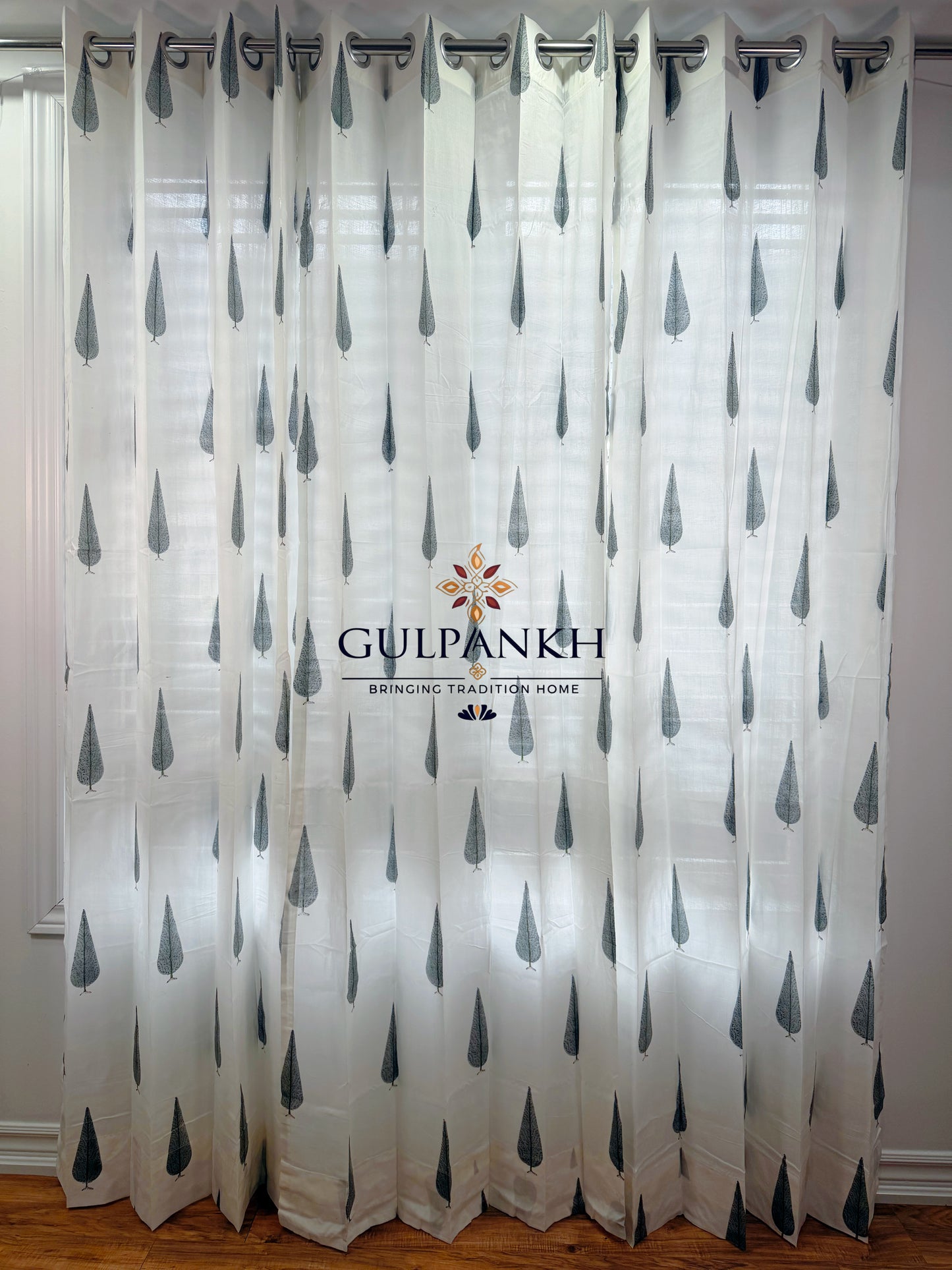 Hand Block Printed Cotton Curtains - Ivory Cypress Whisper | Gulpankh Canada
