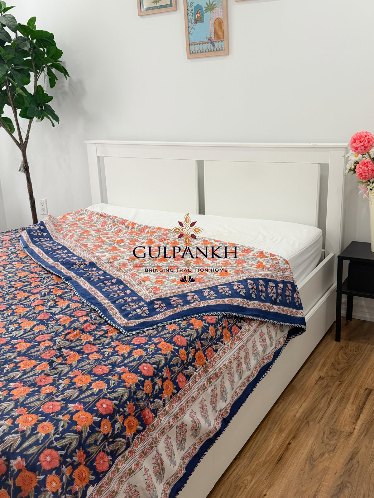 Hand Block Printed Mulmul Cotton Dohar - Midnight Marigold | Gulpankh Canada