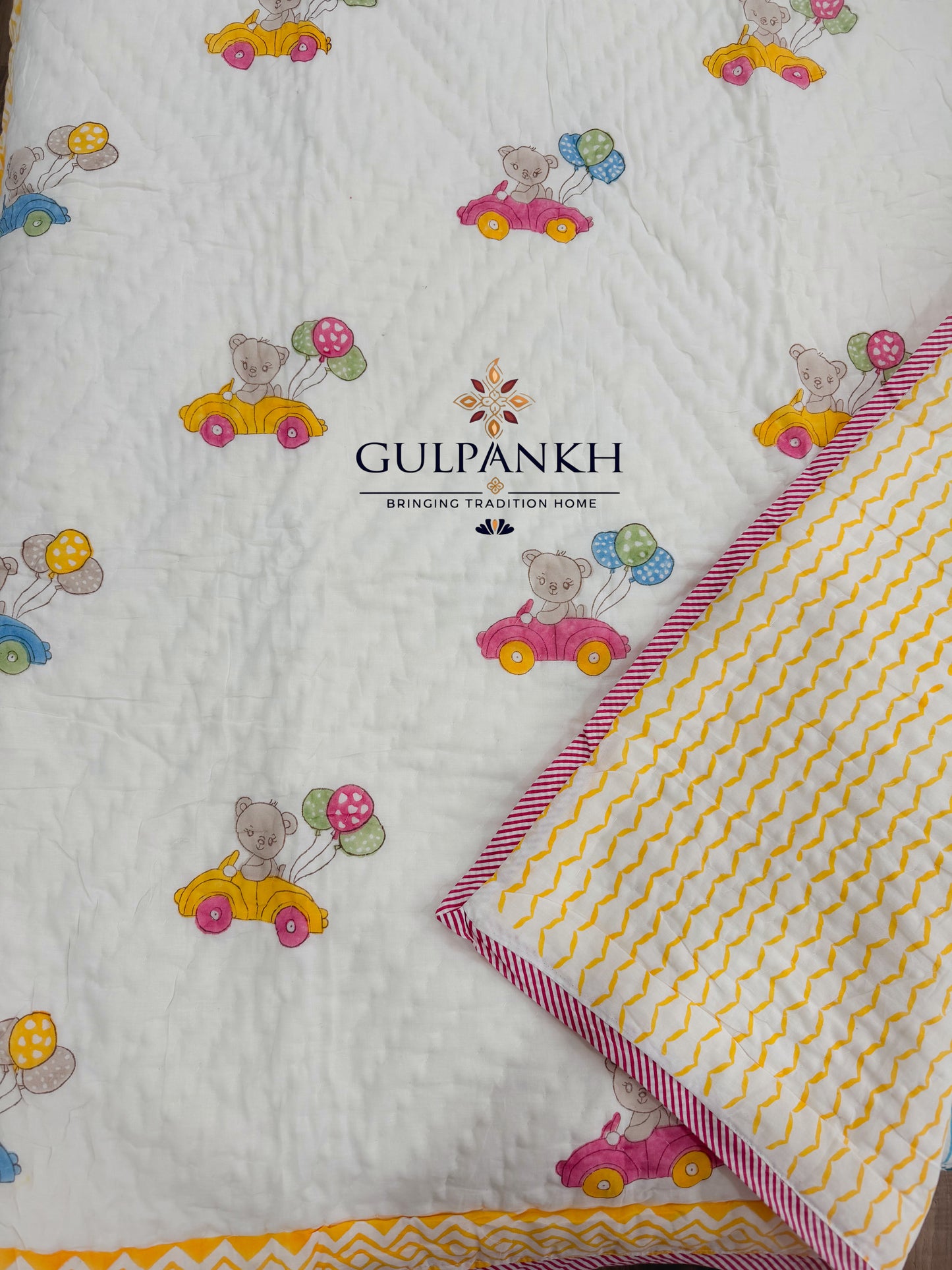 Hand Block Printed Baby Cotton Quilt - Little Teddy Parade | Gulpankh Canada
