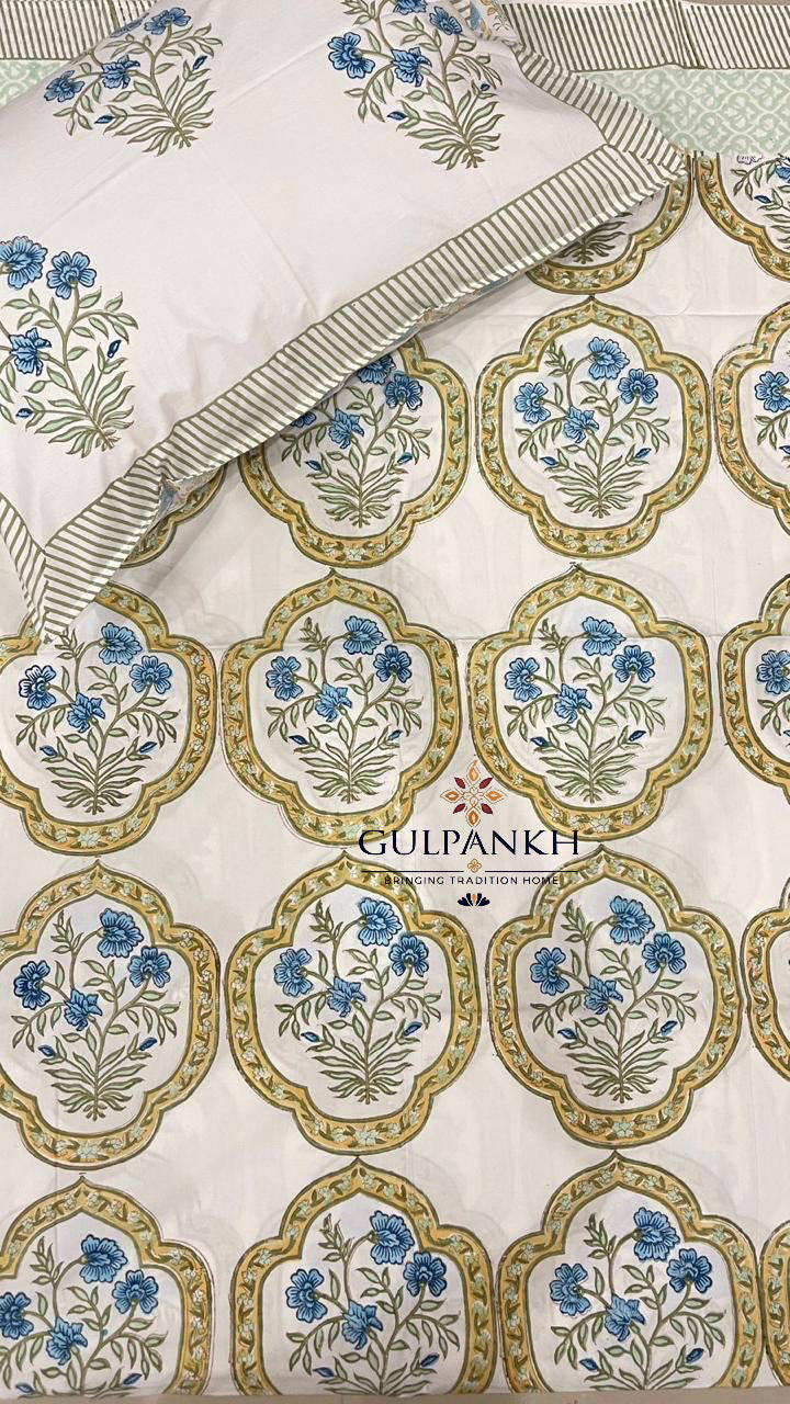 Hand Block Printed Fitted Bedsheet - Neel Pushp Mahal | Gulpankh Canada