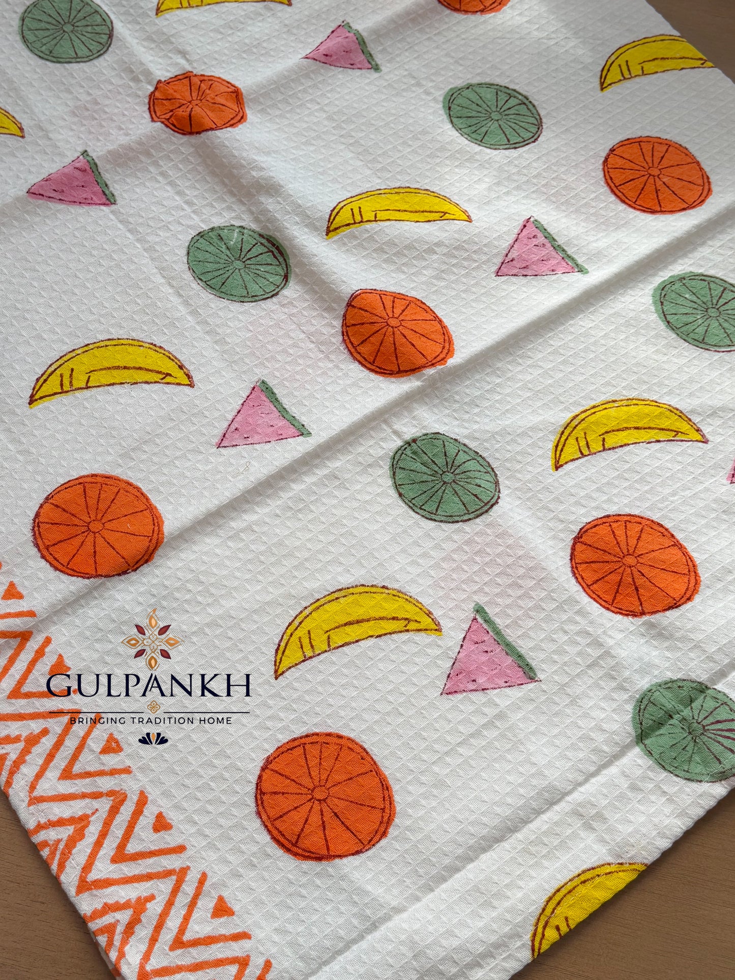 Fruit Fiesta Hand Block Printed Waffle Cotton Towel | Gulpankh Canada