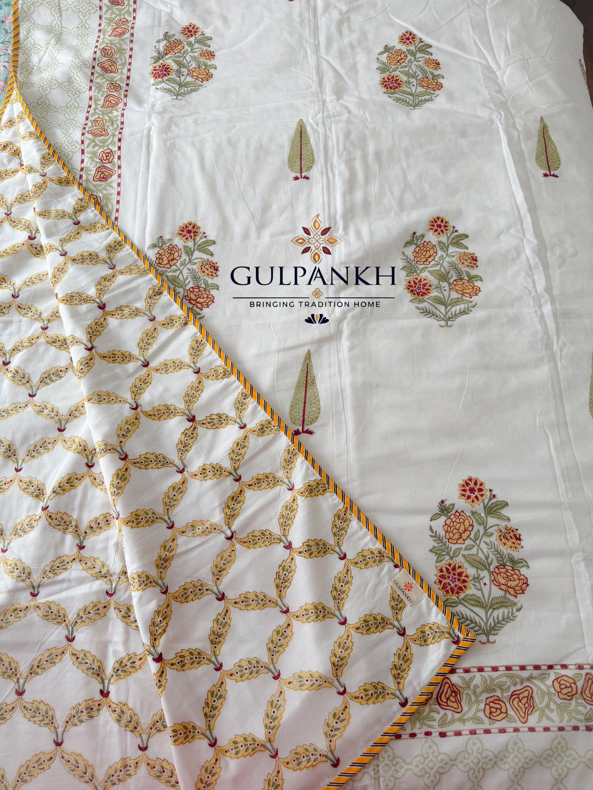 Hand Block Printed Mulmul Cotton Dohar - Kesariya Gulzar | Gulpankh Canada