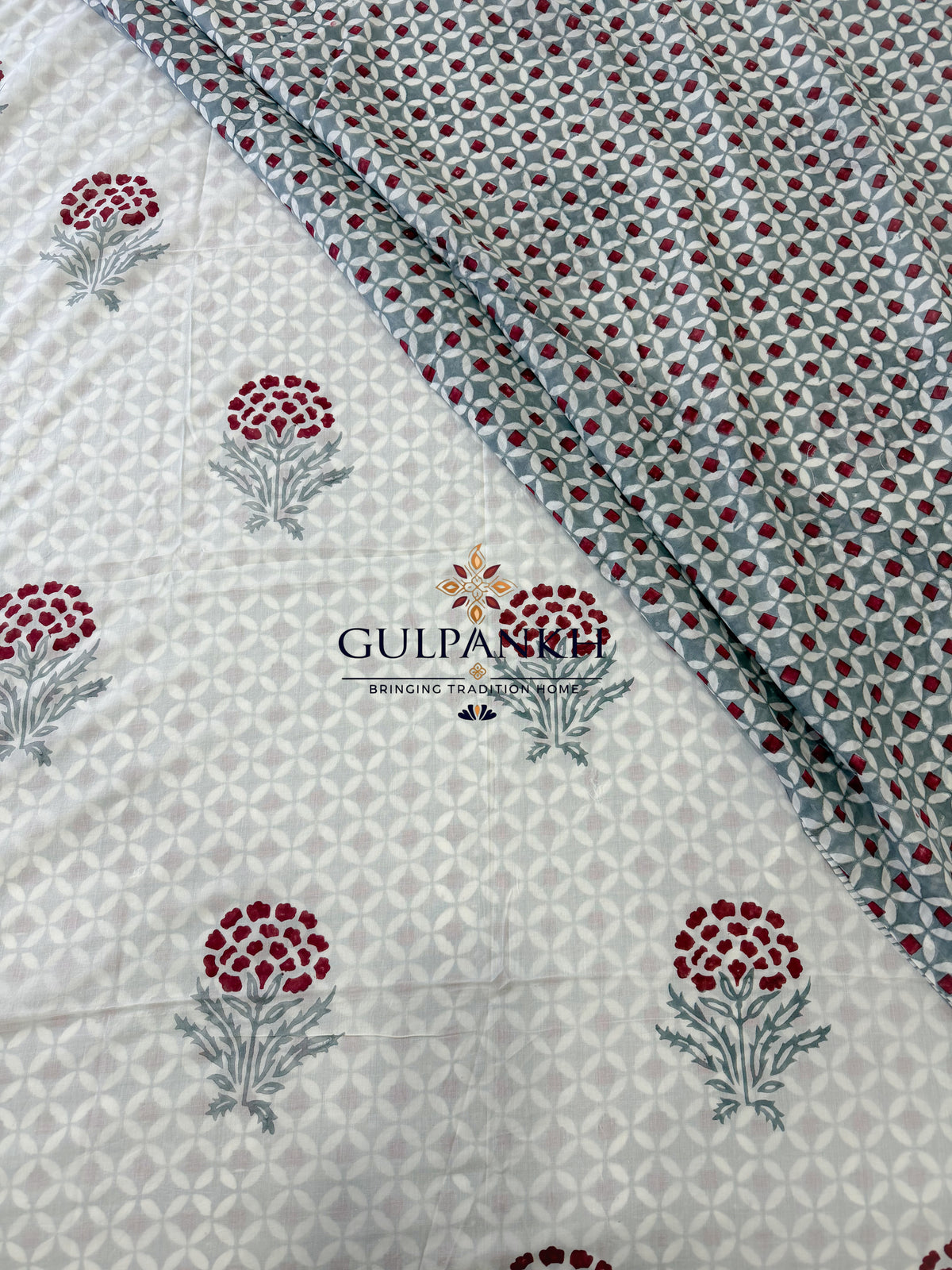 Hand Block Printed King Duvet Cover – Surkh Gul | Gulpankh Canada
