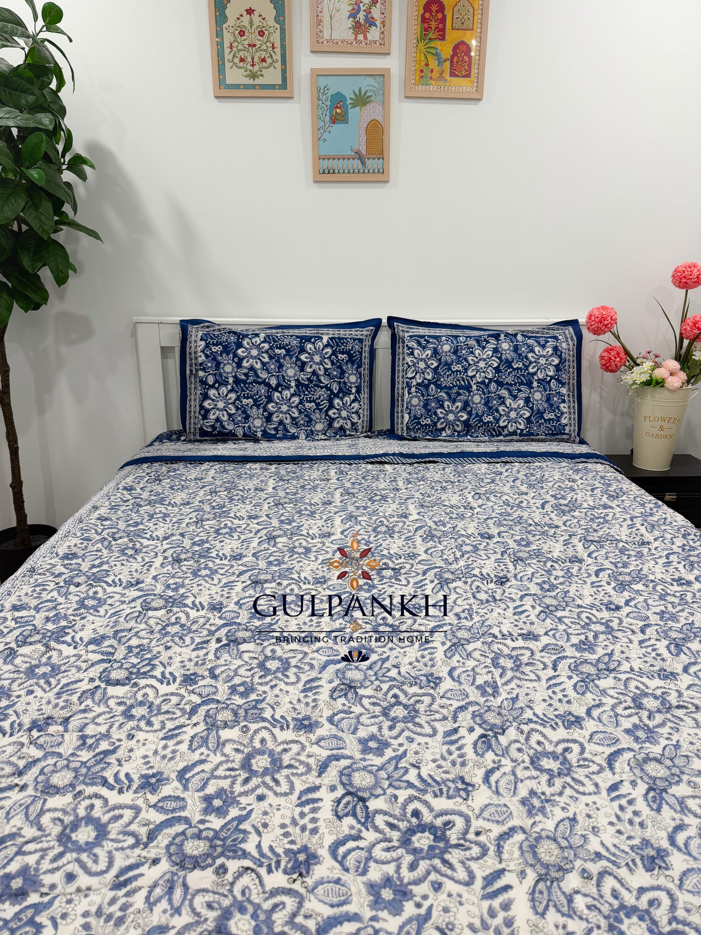 Hand Block Printed Cotton Quilt - Indigo Heritage Bloom | Gulpankh Canada