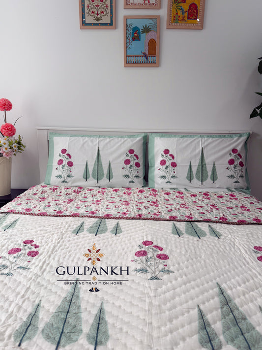 Hand Block Printed Cotton Bedding Set with Quilt - Firdaus Blossom | Gulpankh Canada