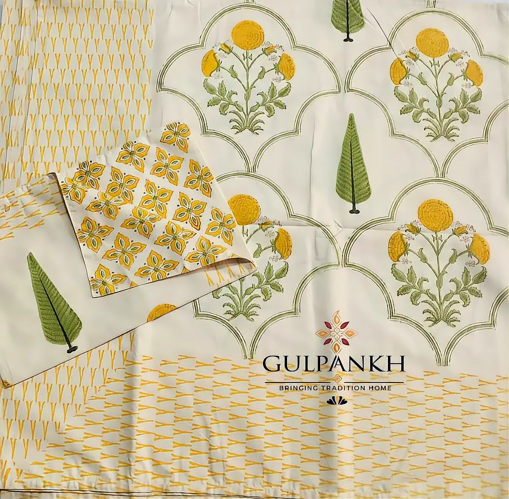 Hand Block Printed King Fitted Bedsheet - Marigold Courtyard | Gulpankh Canada