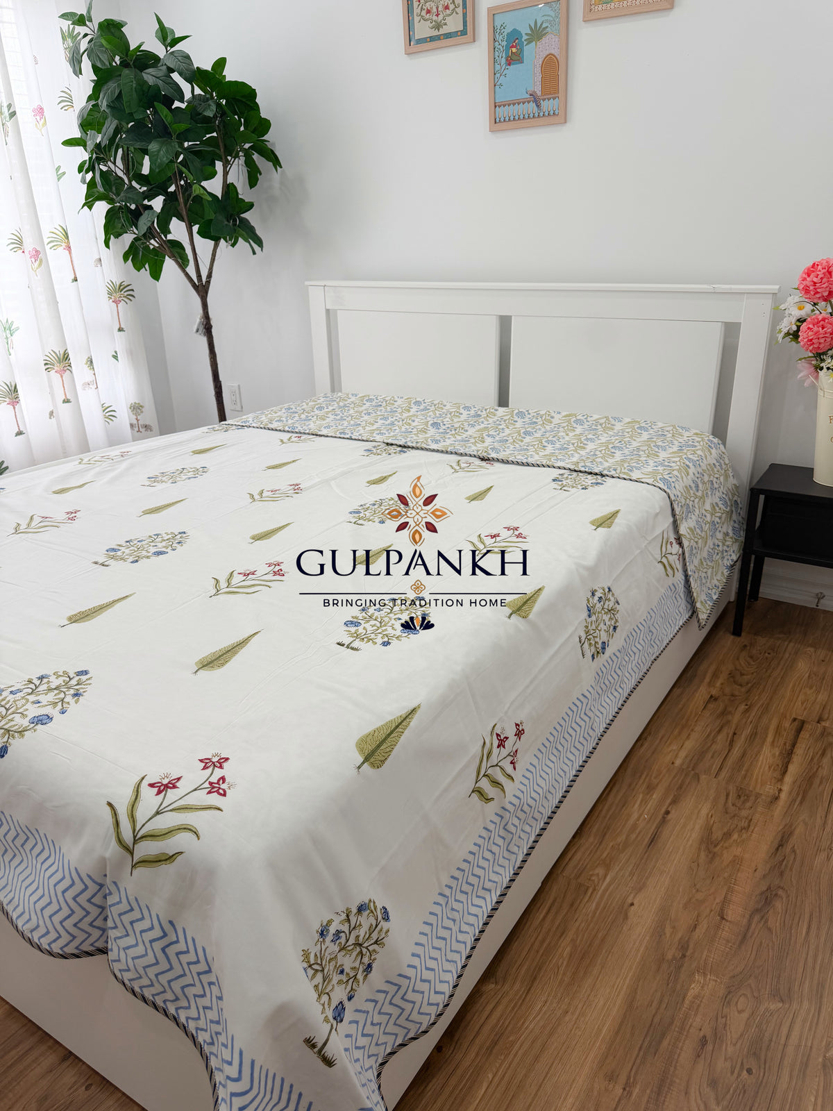 Hand Block Printed Mulmul Cotton Dohar - Blue Meadow Botanica | Gulpankh Canada