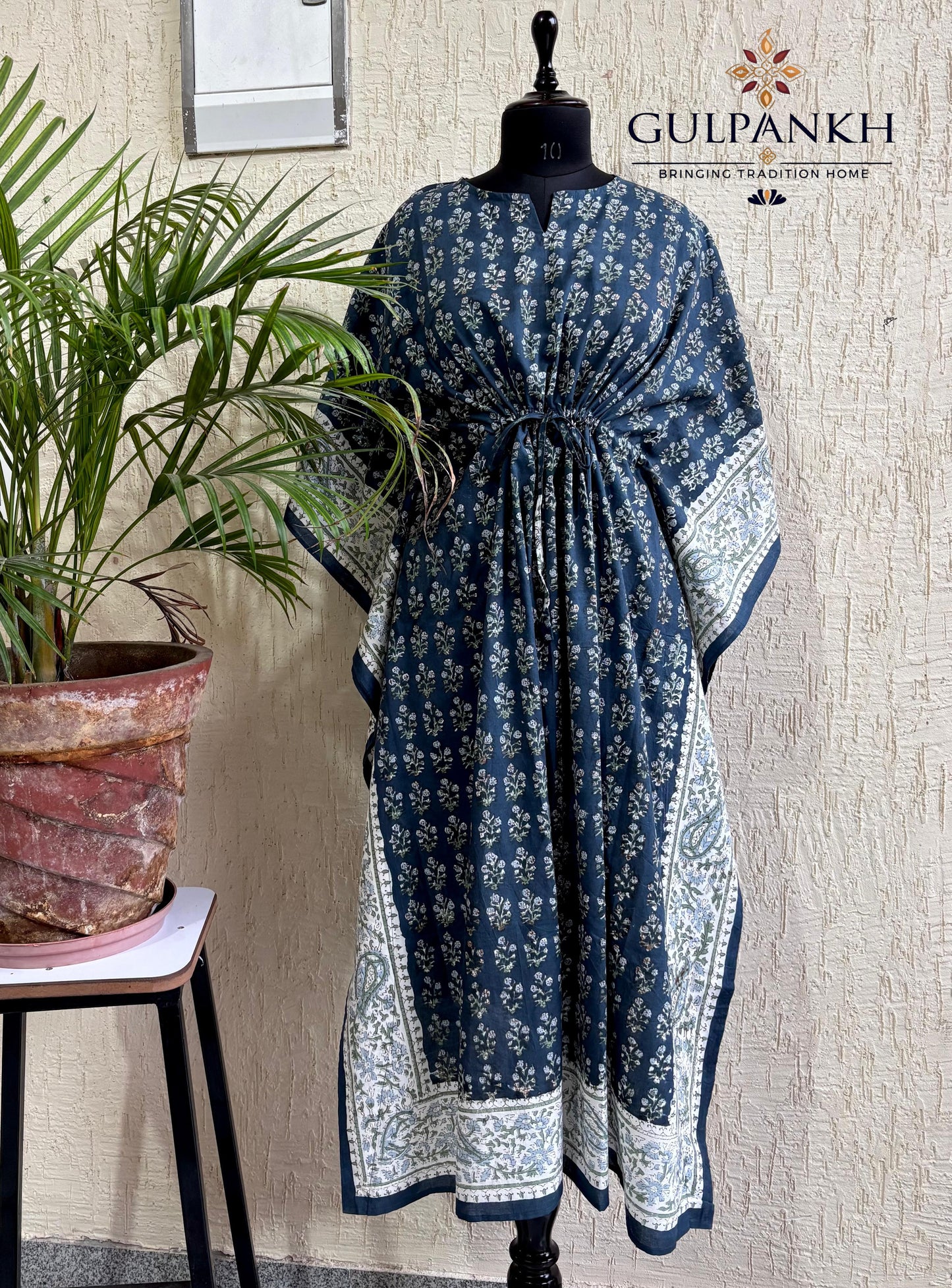 Hand Block Printed Cotton Kaftan – Midnight Indigo Bloom | Gulpankh Canada