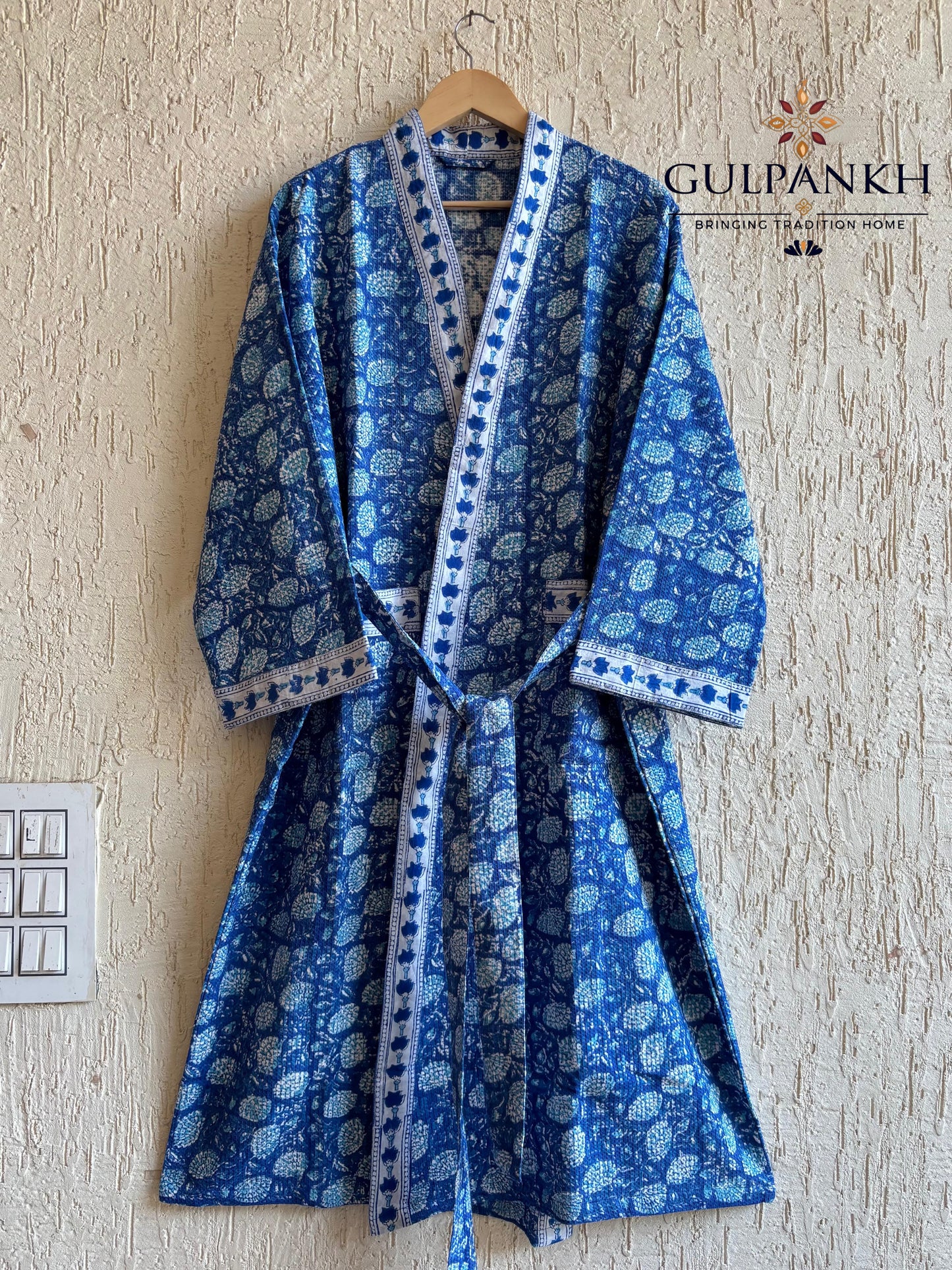 Neel Kamal Hand Block Printed Waffle Cotton Bathrobe – Cotton Spa Robe | Gulpankh Canada