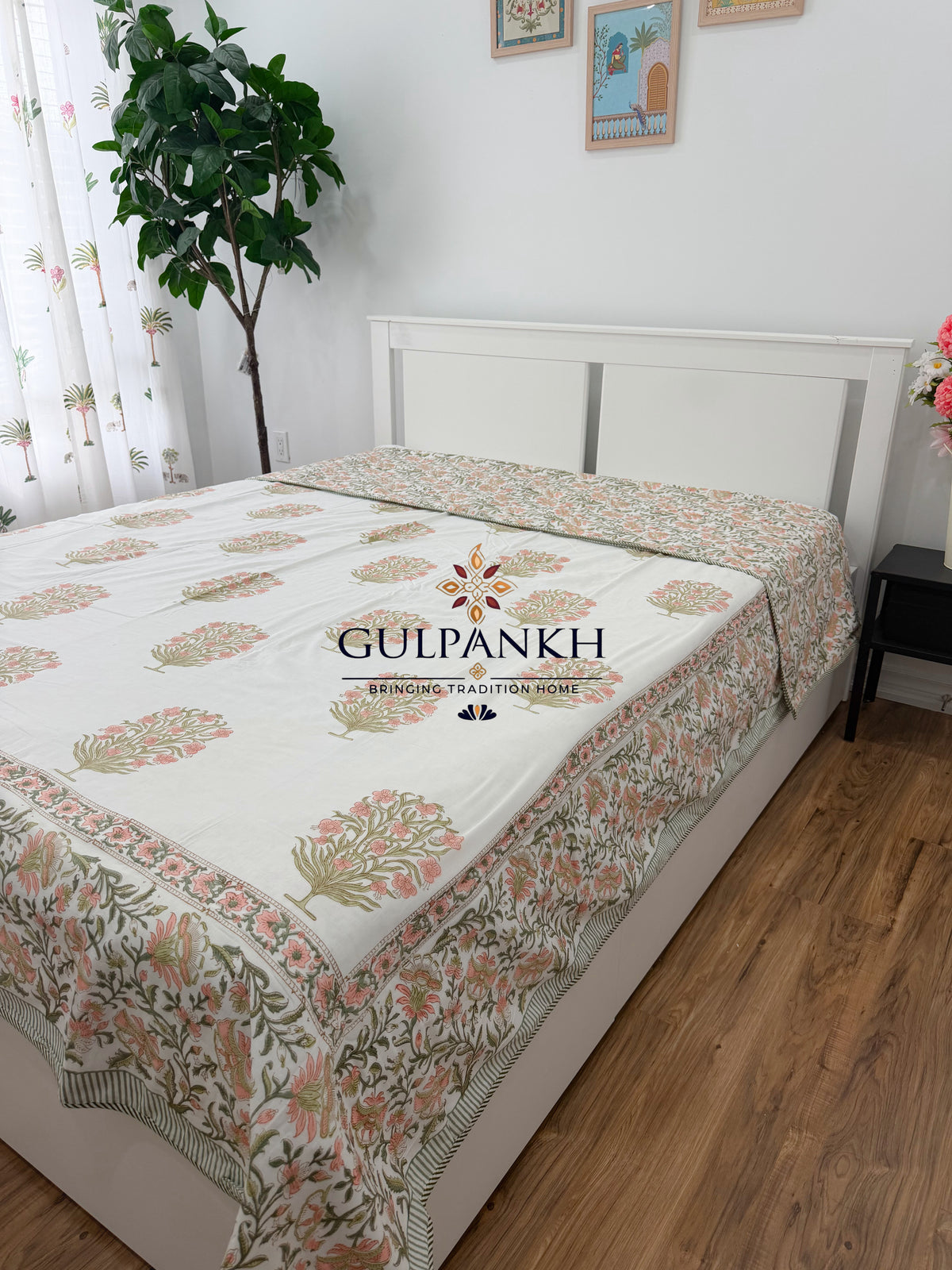 Hand Block Printed Mulmul Cotton Dohar - Blush Blossom Grove | Gulpankh Canada