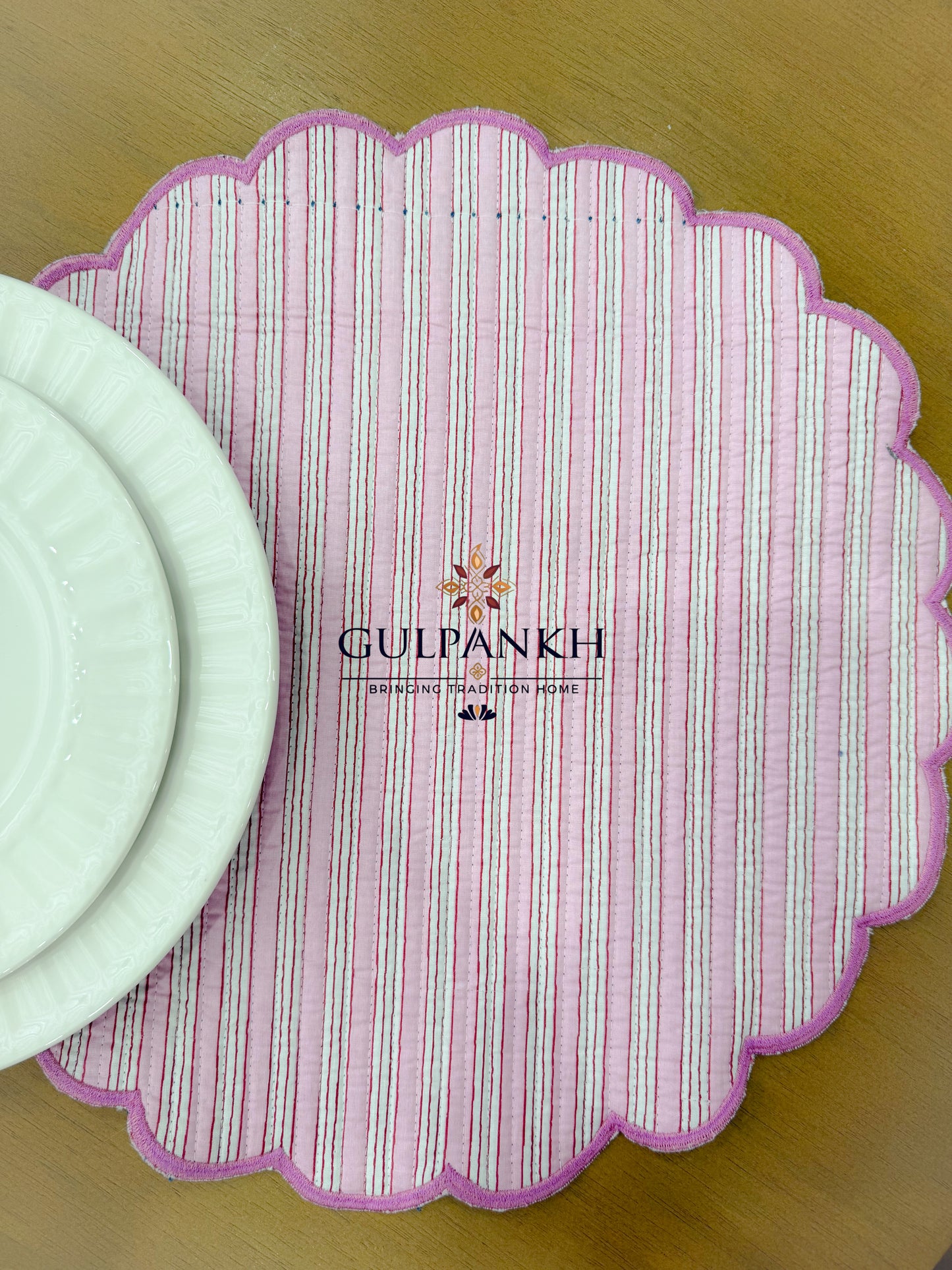 Hand Block Printed Quilted Scalloped Cotton Reversible Placemats - Midnight Petal | Gulpankh Canada