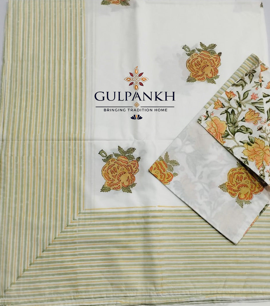 Hand Block Printed 100% Cotton Queen Fitted Bedsheet – Saffron Sage Rose | Gulpankh Canada