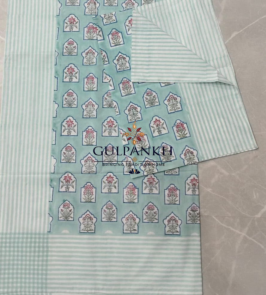 Hand Block Printed 100% Cotton Queen Fitted Bedsheet – Aqua Floral Arch | Gulpankh Canada