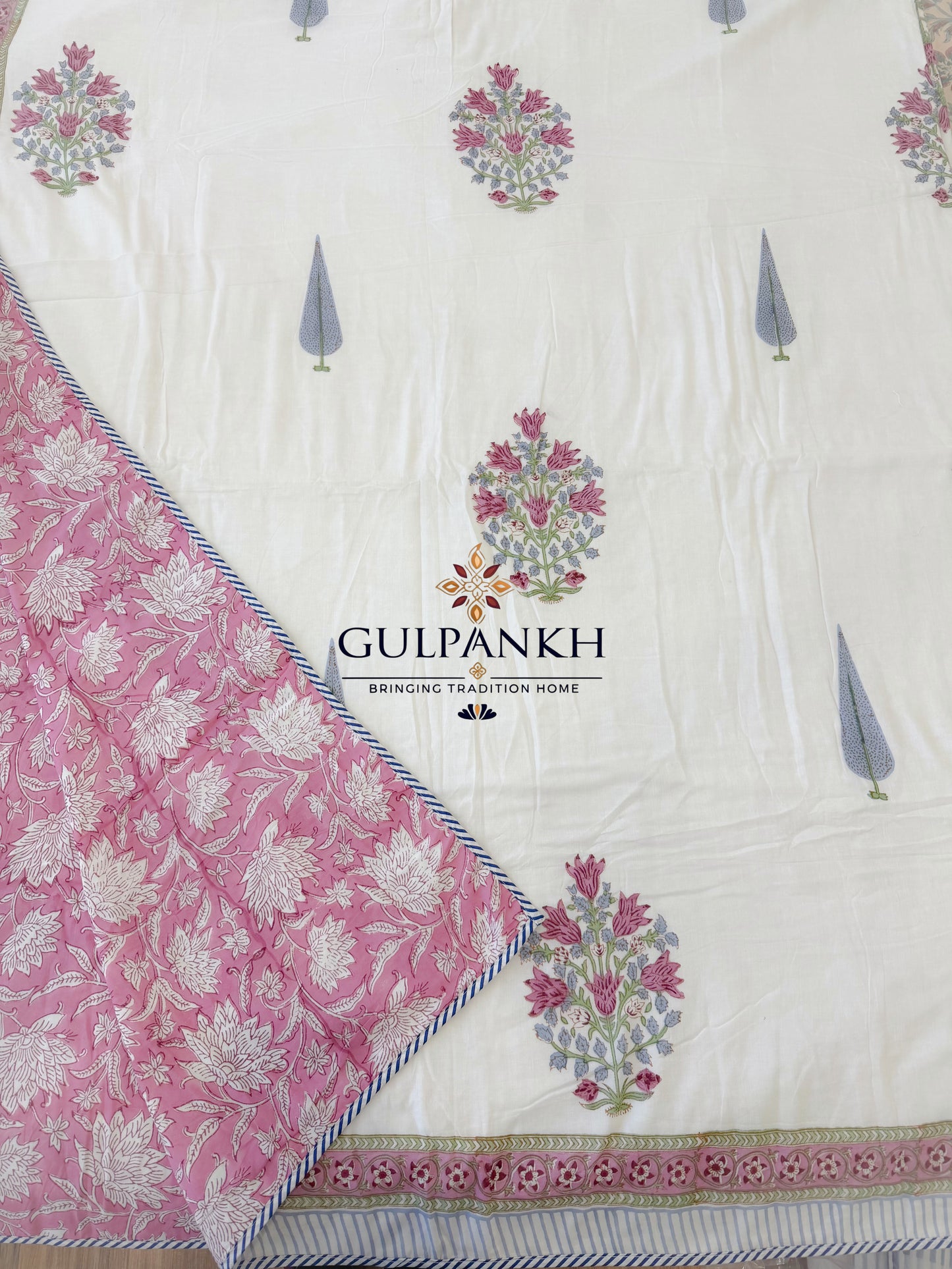 Hand Block Printed Mulmul Cotton Dohar - Rosé Lotus Bloom | Gulpankh Canada