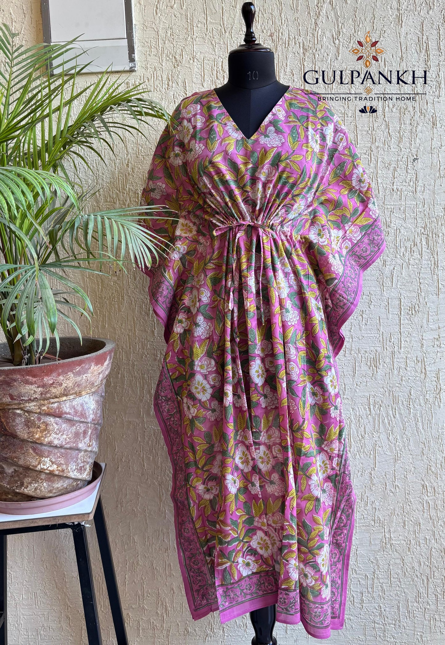 Hand Block Printed Cotton Kaftan – Pink Magnolia Bloom | Gulpankh Canada