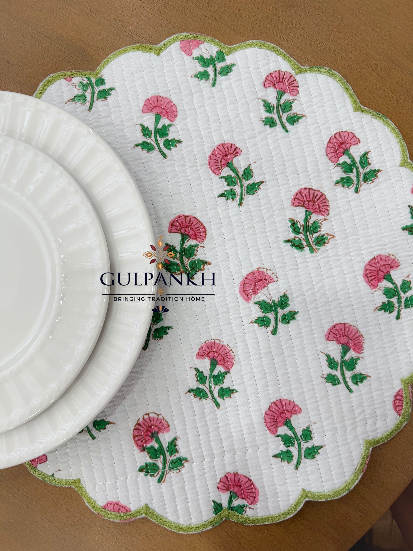 Hand Block Printed Quilted Scalloped Cotton Reversible Placemats - Blush Garden | Gulpankh Canada