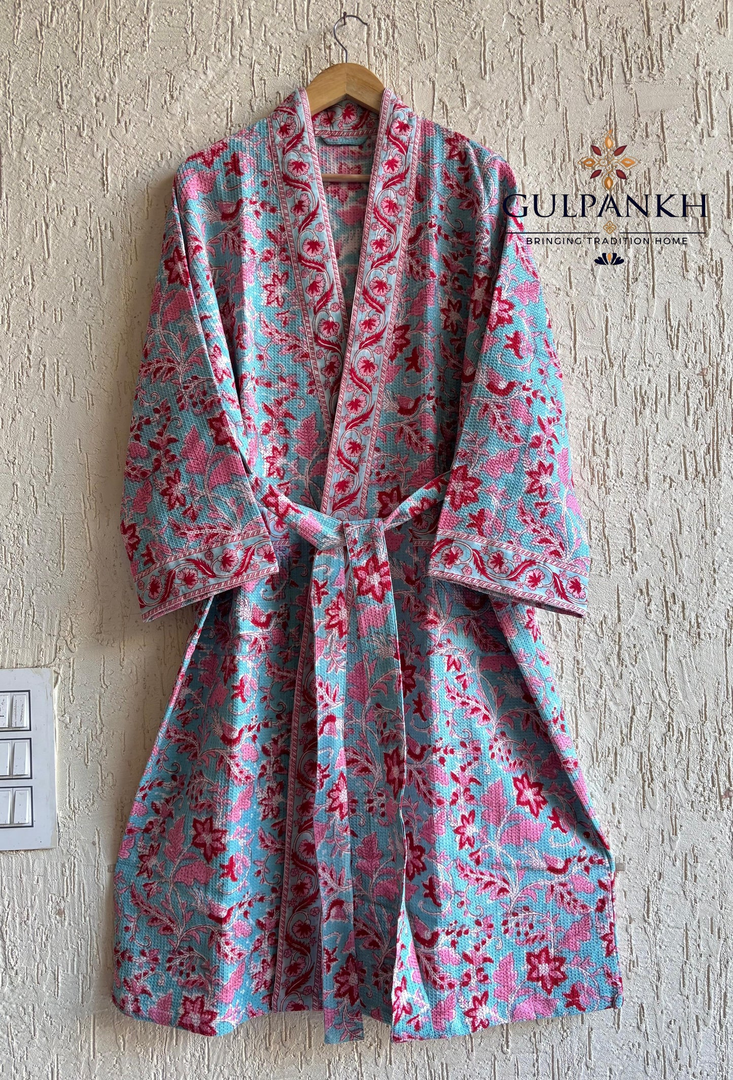 Firoza Gulab Hand Block Printed Waffle Cotton Bathrobe – Cotton Spa Robe | Gulpankh Canada