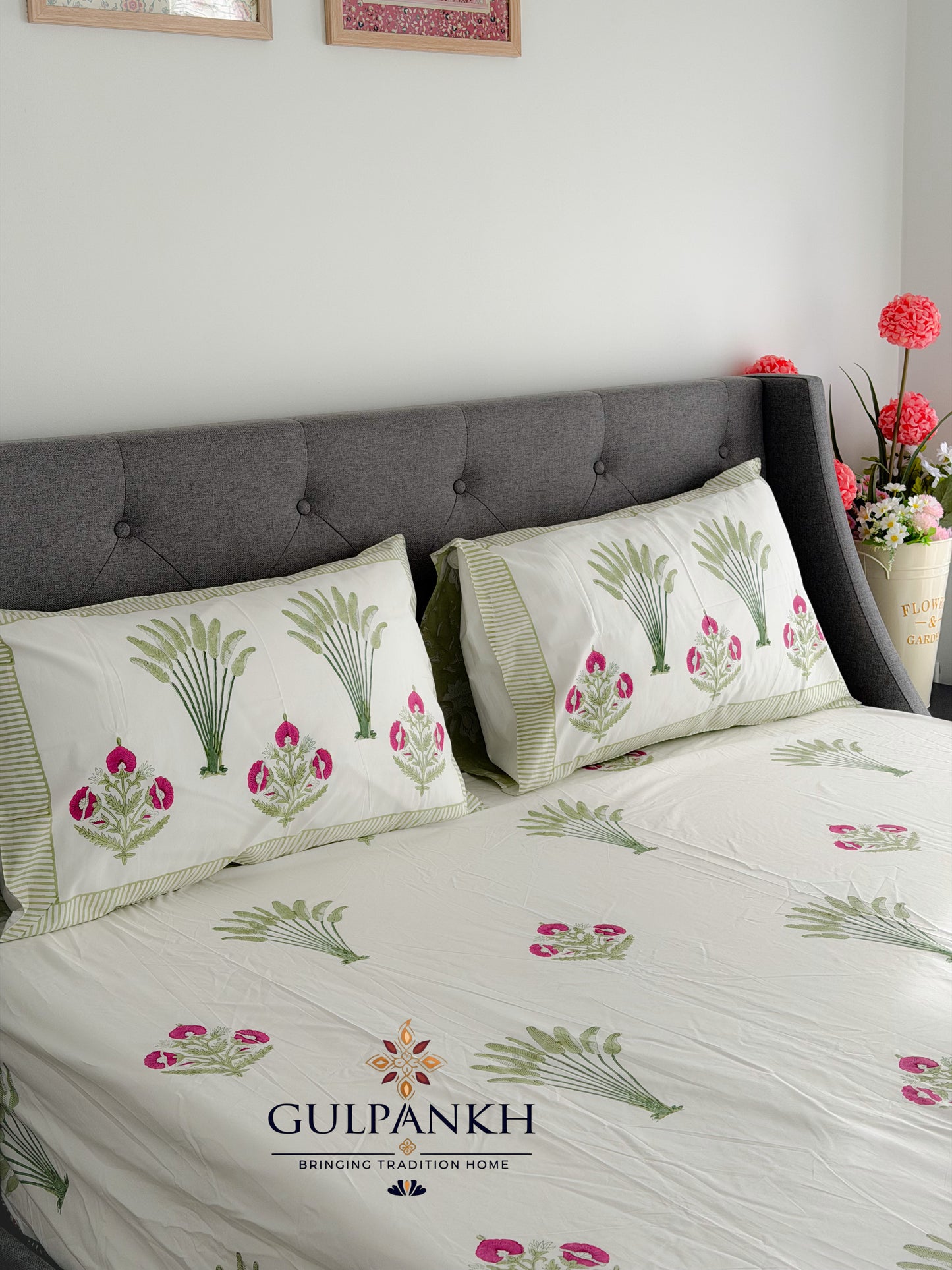 Lotus Meadow Hand Block Printed Fitted Bedsheet | Gulpankh Canada