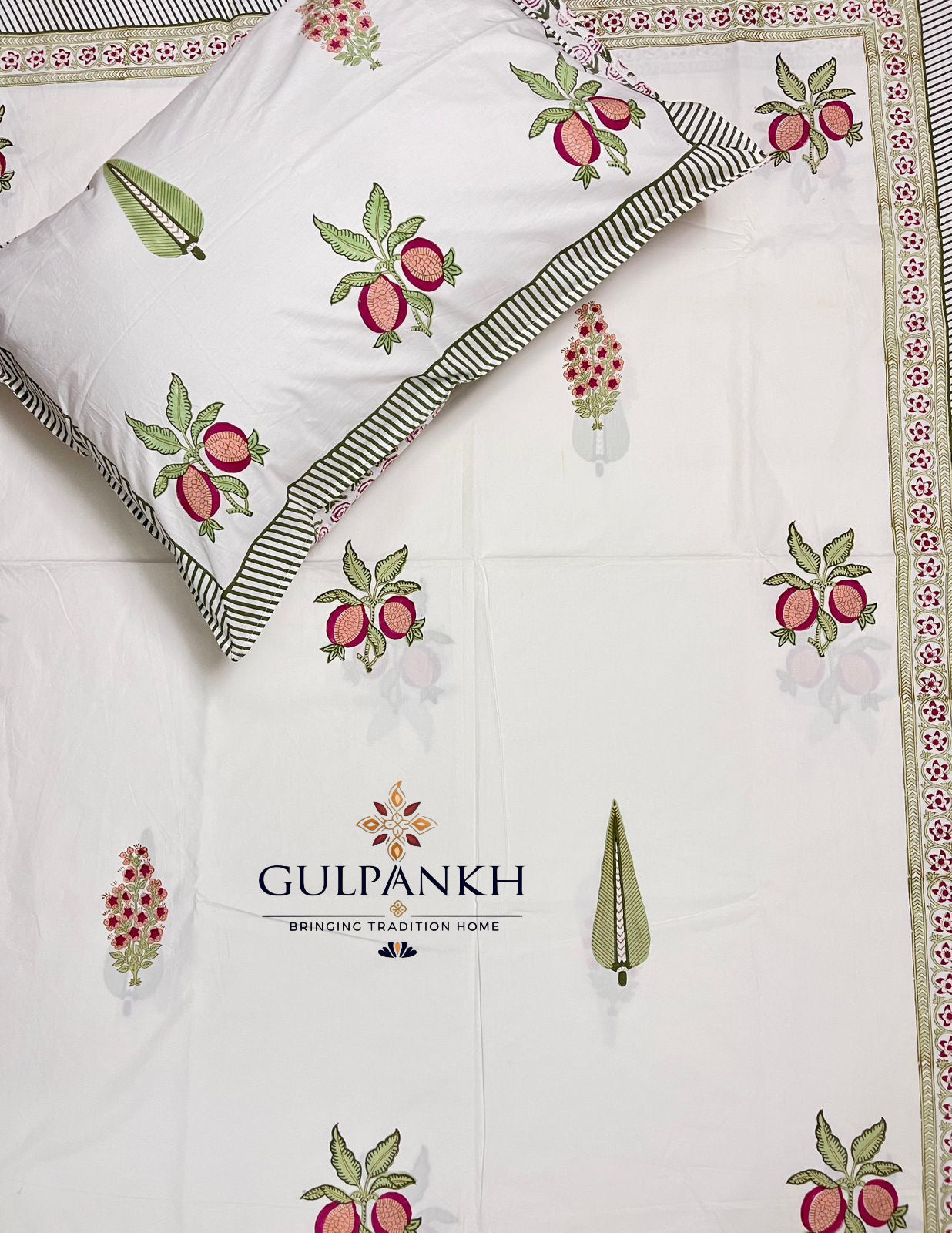 Hand Block Printed King Fitted Bedsheet - Pomegranate Bloom Luxe | Gulpankh Canada