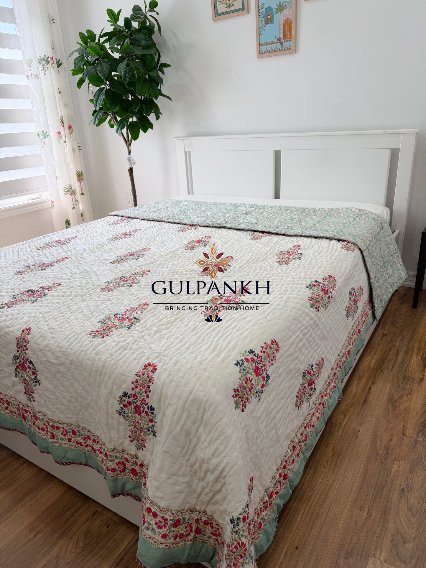 Reversible Hand Block Printed Cotton Quilt - Aafreen Mint Gulzar | Gulpankh Canada