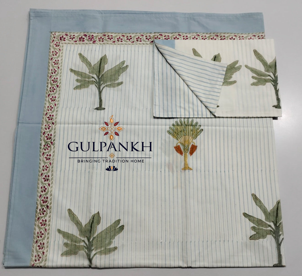 Hand Block Printed King Fitted Bedsheet - Palm Grove Breeze | Gulpankh Canada