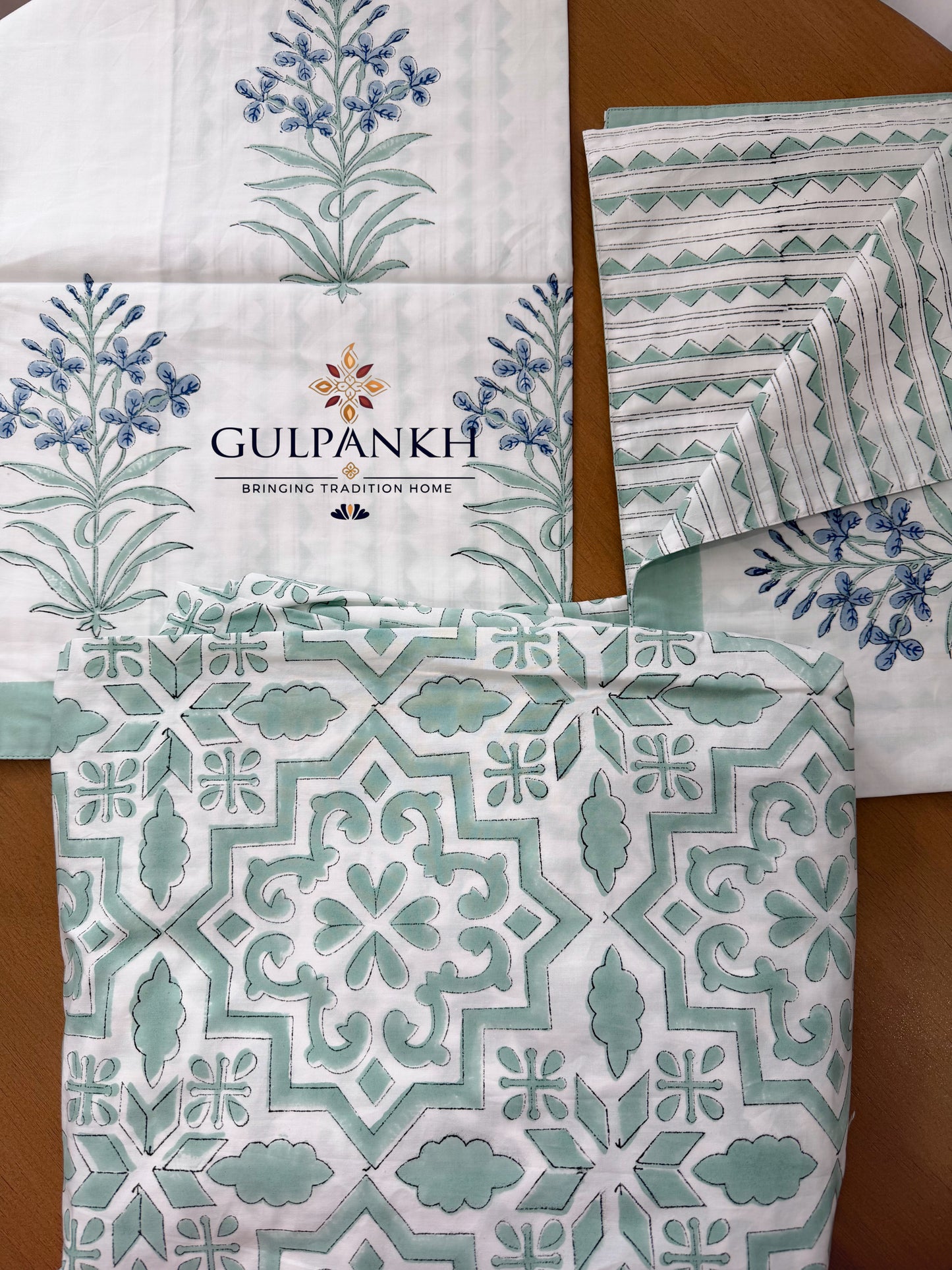 Hand Block Printed King Fitted Bedsheet - Ivory Sage Geometry | Gulpankh Canada