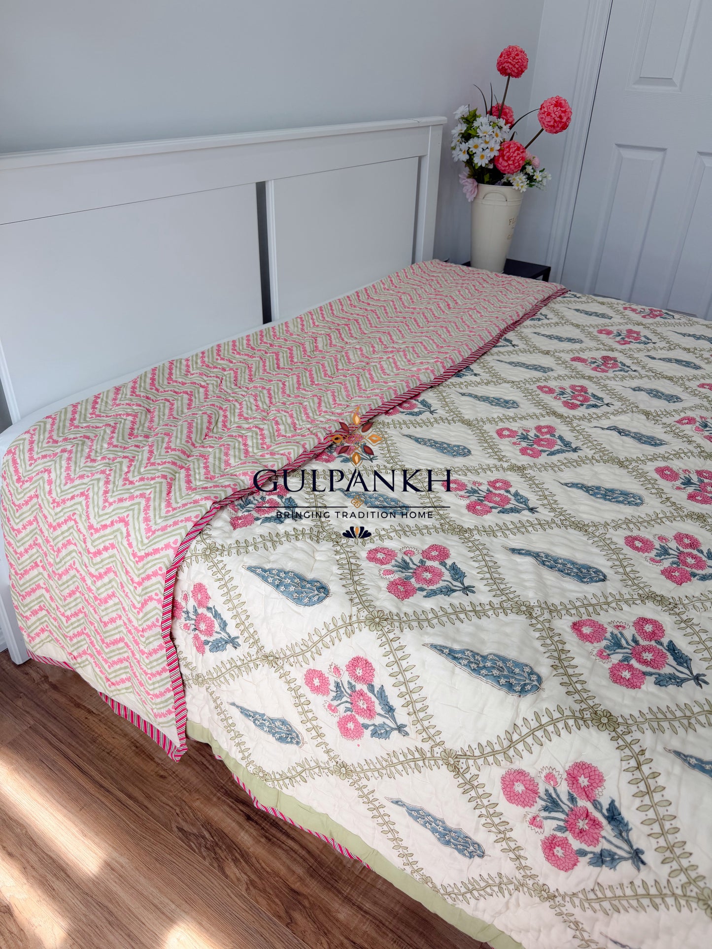 Reversible Hand Block Printed Cotton Quilt - Rosé Jharokha Bloom | Gulpankh Canada