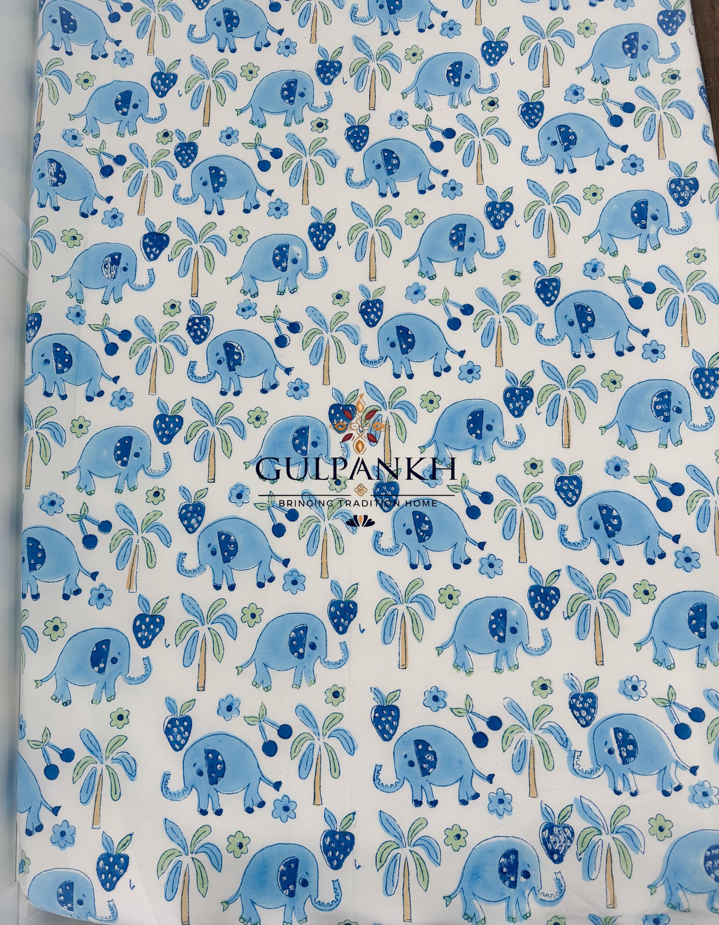 Hand Block Printed Crib Sheet Fitted - Blue Elephant Bloom | Gulpankh Canada