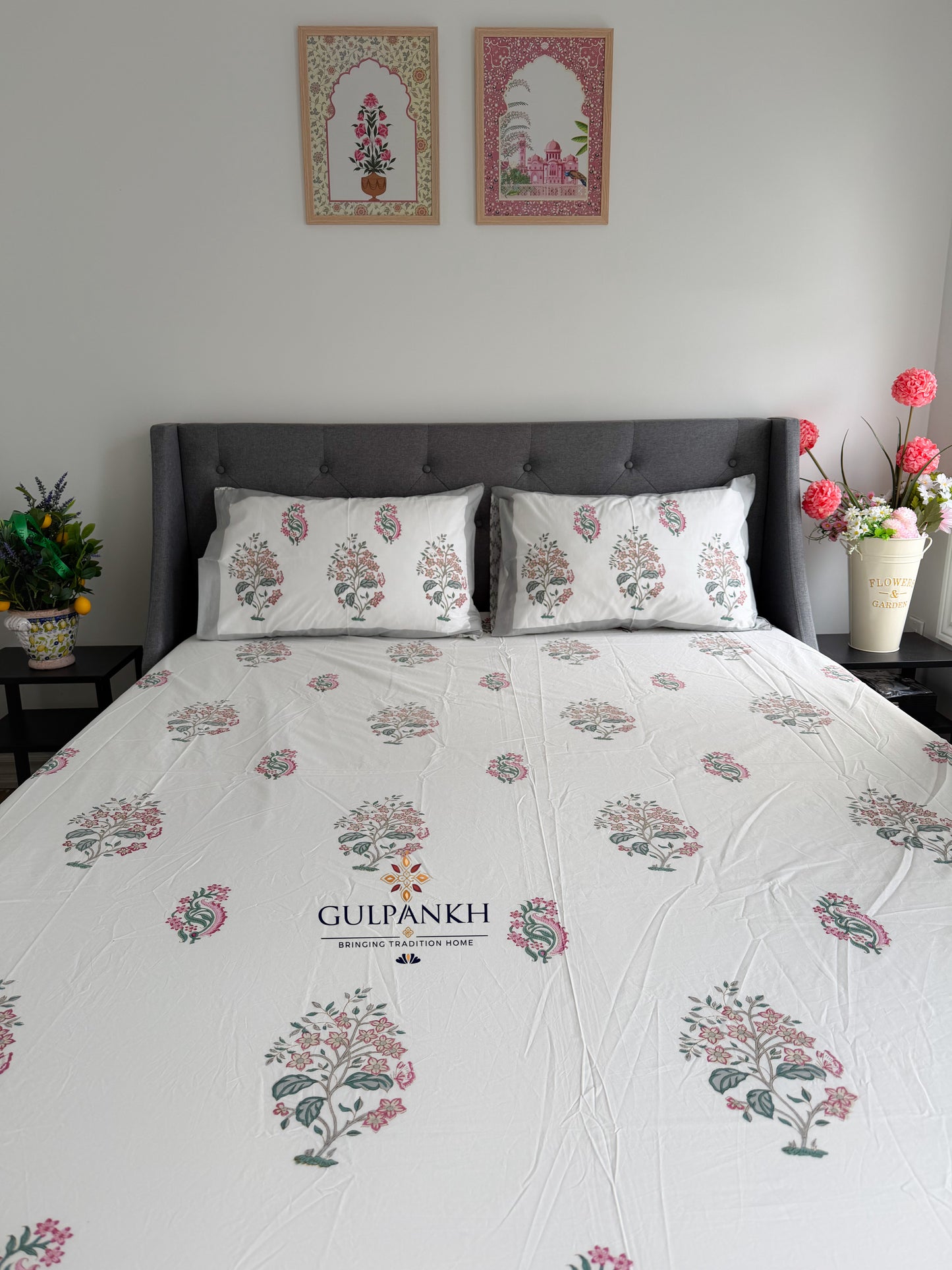 Hand Block Printed King Fitted Bedsheet - Blush Paisley Garden | Gulpankh Canada