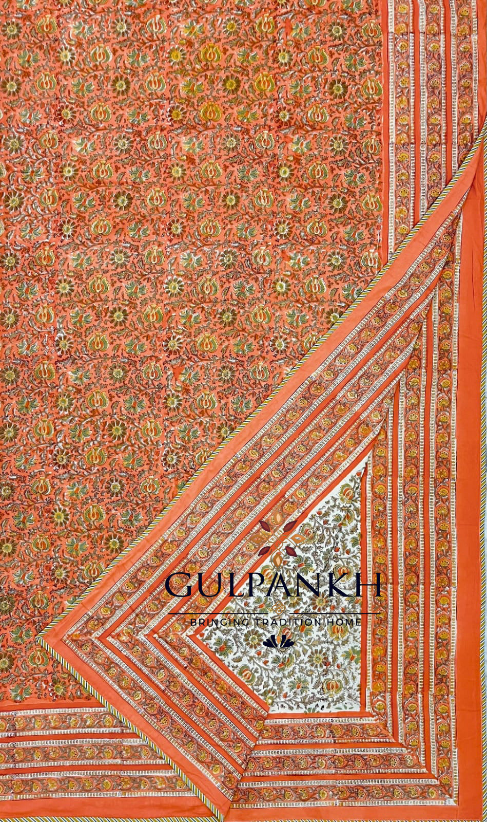 Hand Block Printed Mulmul Cotton Dohar - Coral Marigold Bloom | Gulpankh Canada