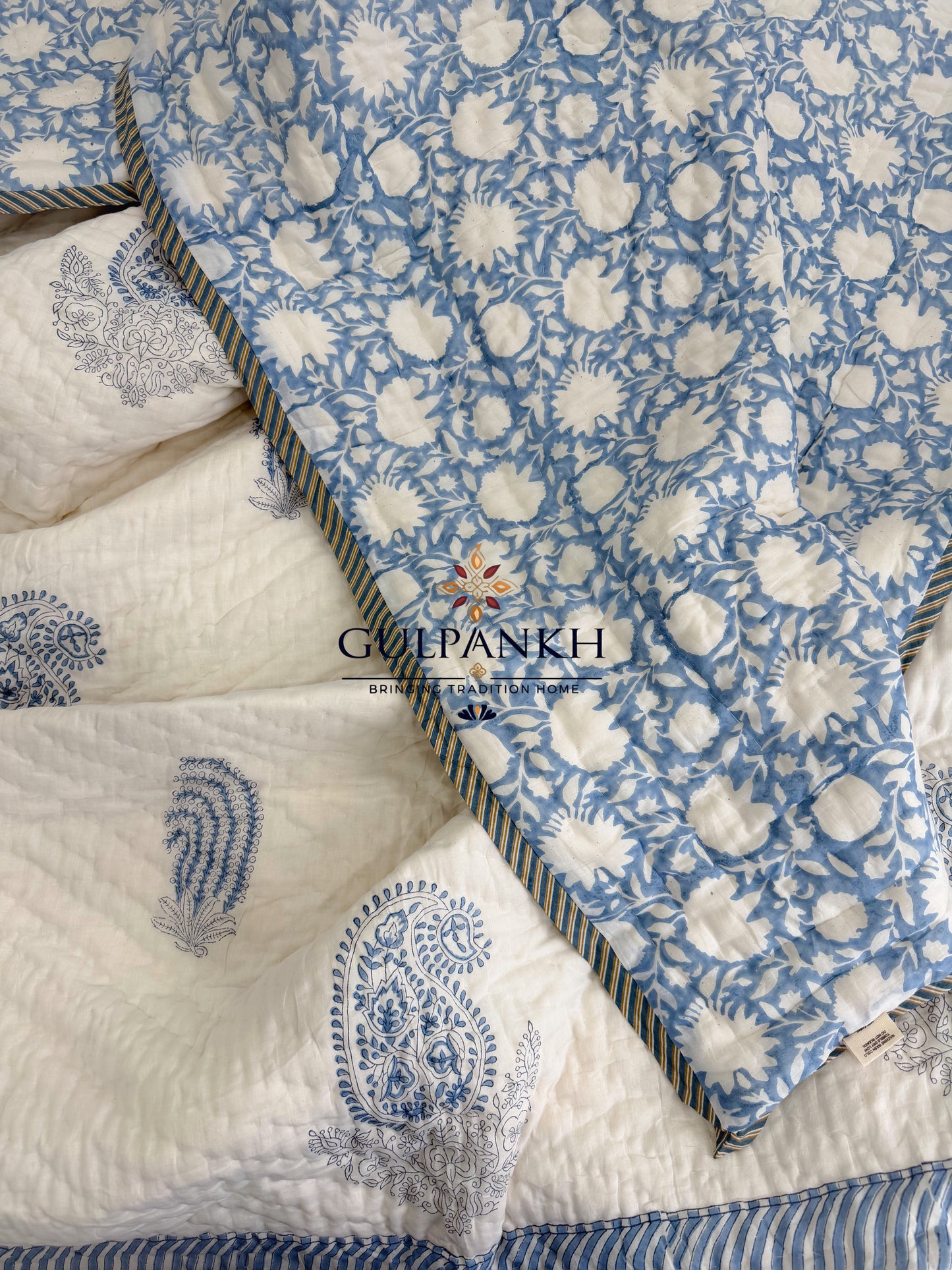 Hand Block Printed Cotton Bedding Set with Quilt - Neel Paisley Garden | Gulpankh Canada