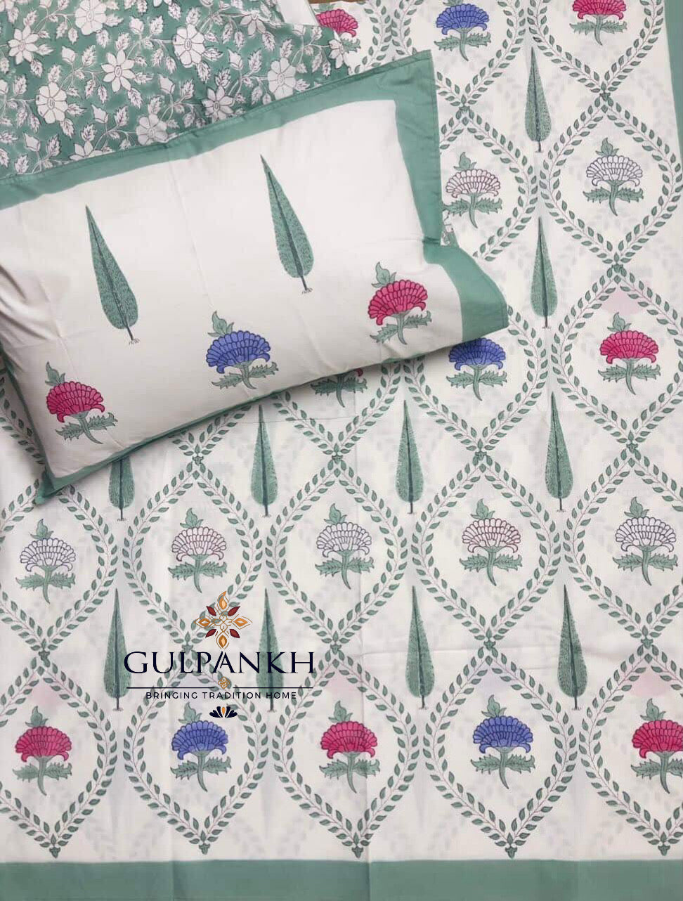 Sage Serenity Hand Block Printed Fitted Bedsheet | Gulpankh Canada