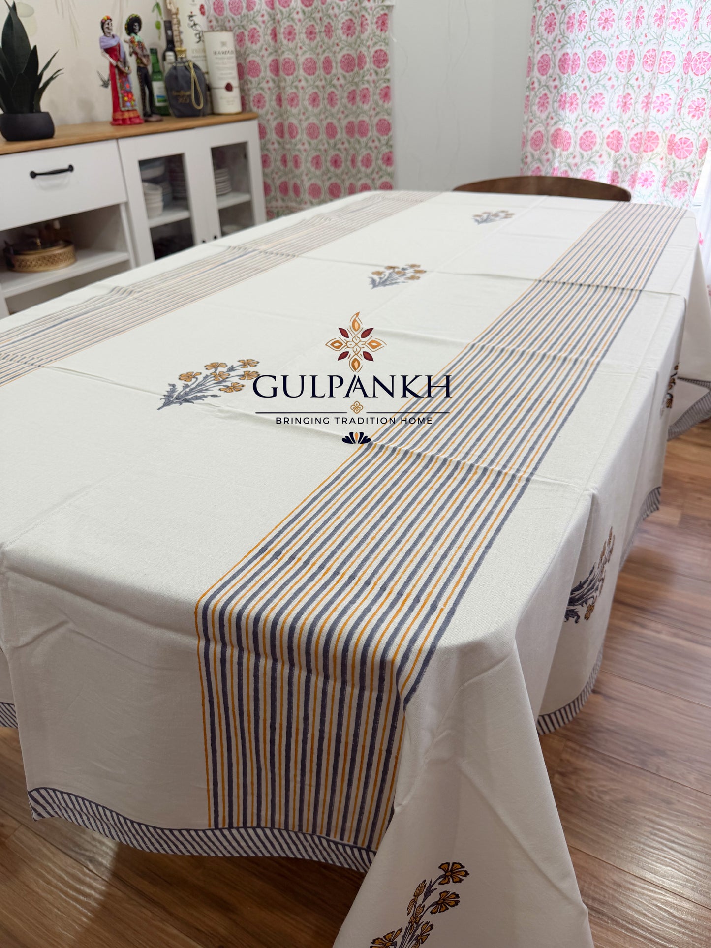 Hand Block Printed Cotton Table Cover - Golden Meadow Stripe | Gulpankh Canada