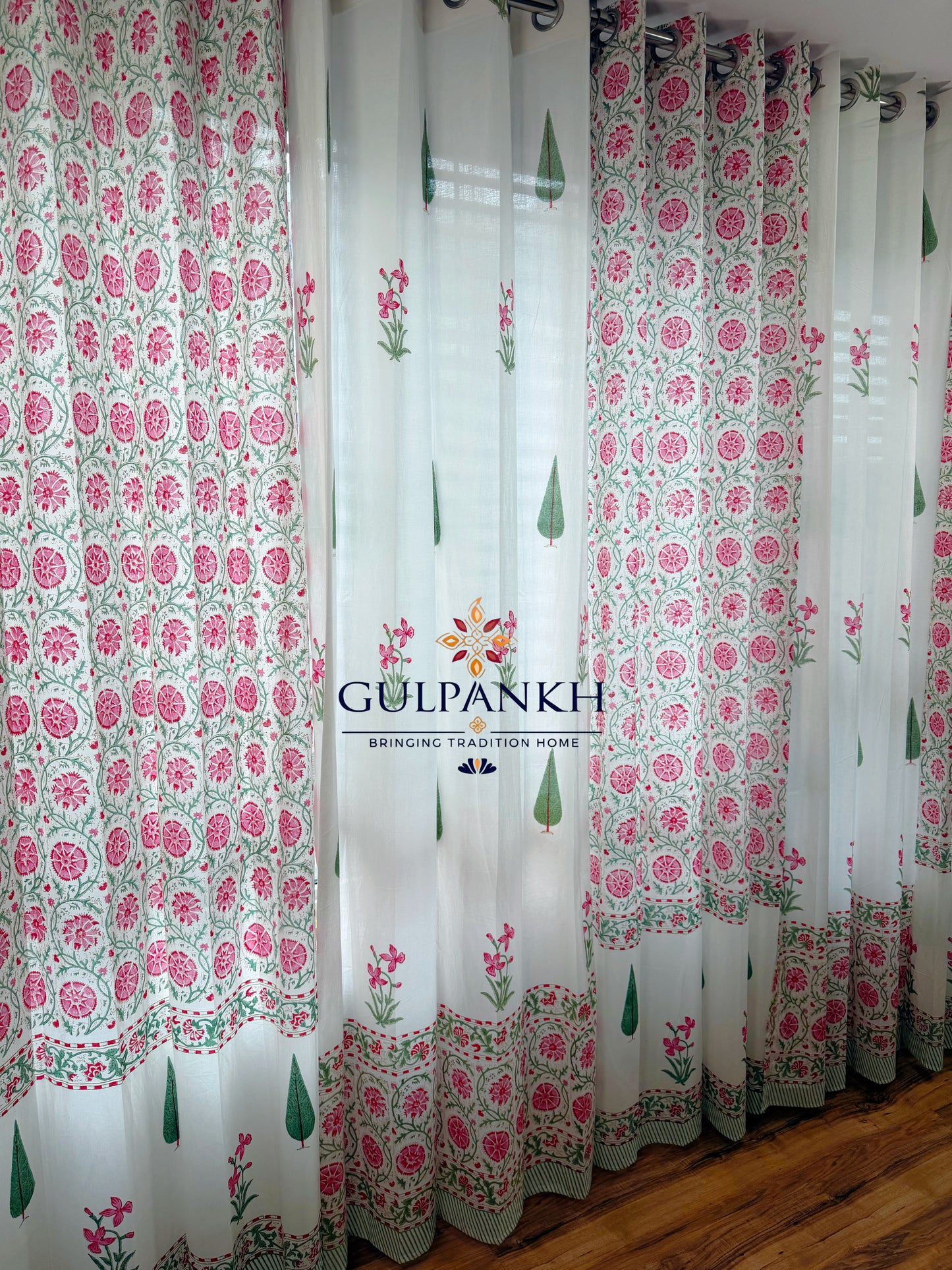 Hand Block Printed Cotton Curtains - Gul Chakra Bloom | Gulpankh Canada