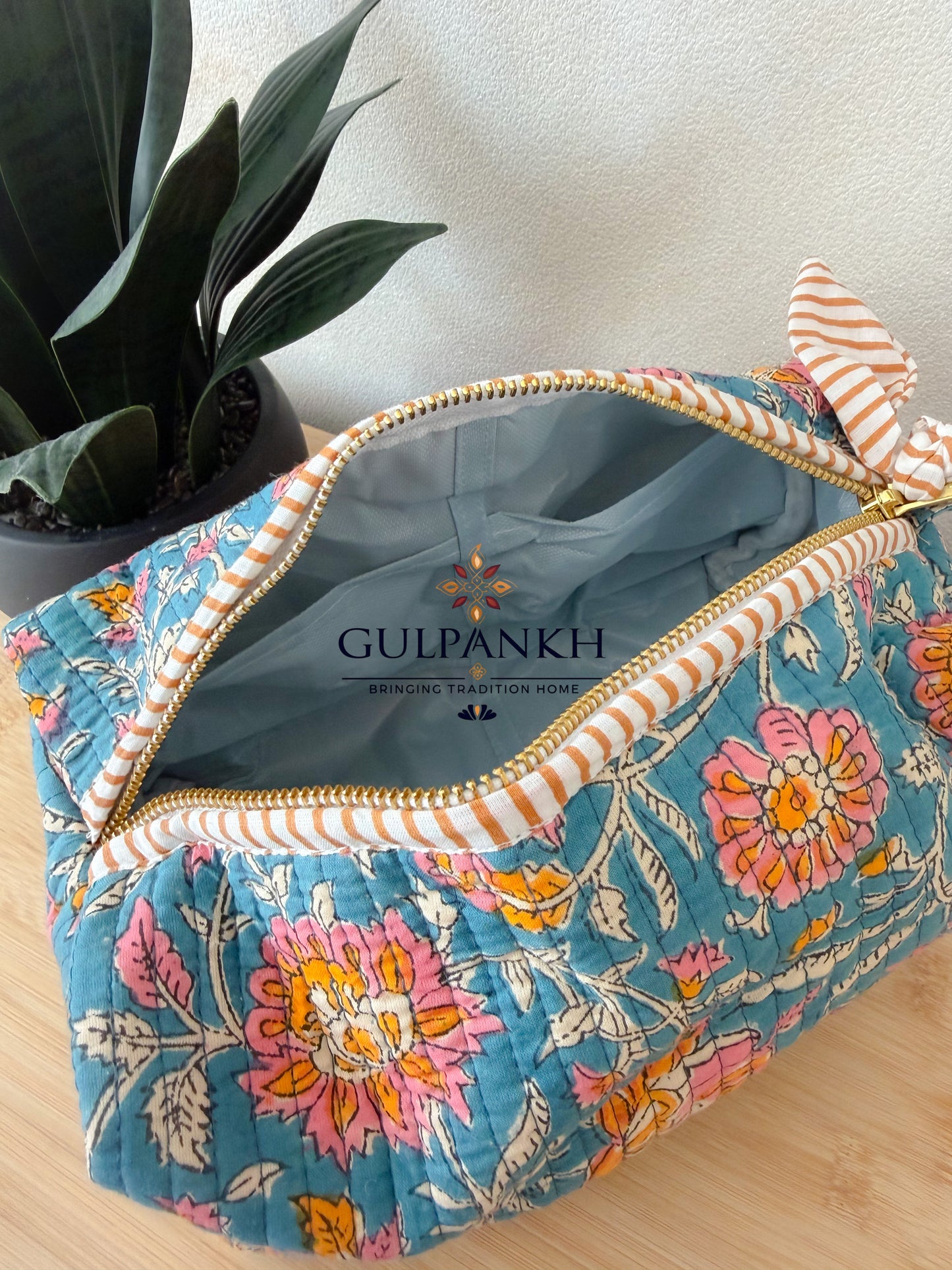 Hand Block Printed Quilted Vanity Bag – Teal Rose Garden | Gulpankh Canada