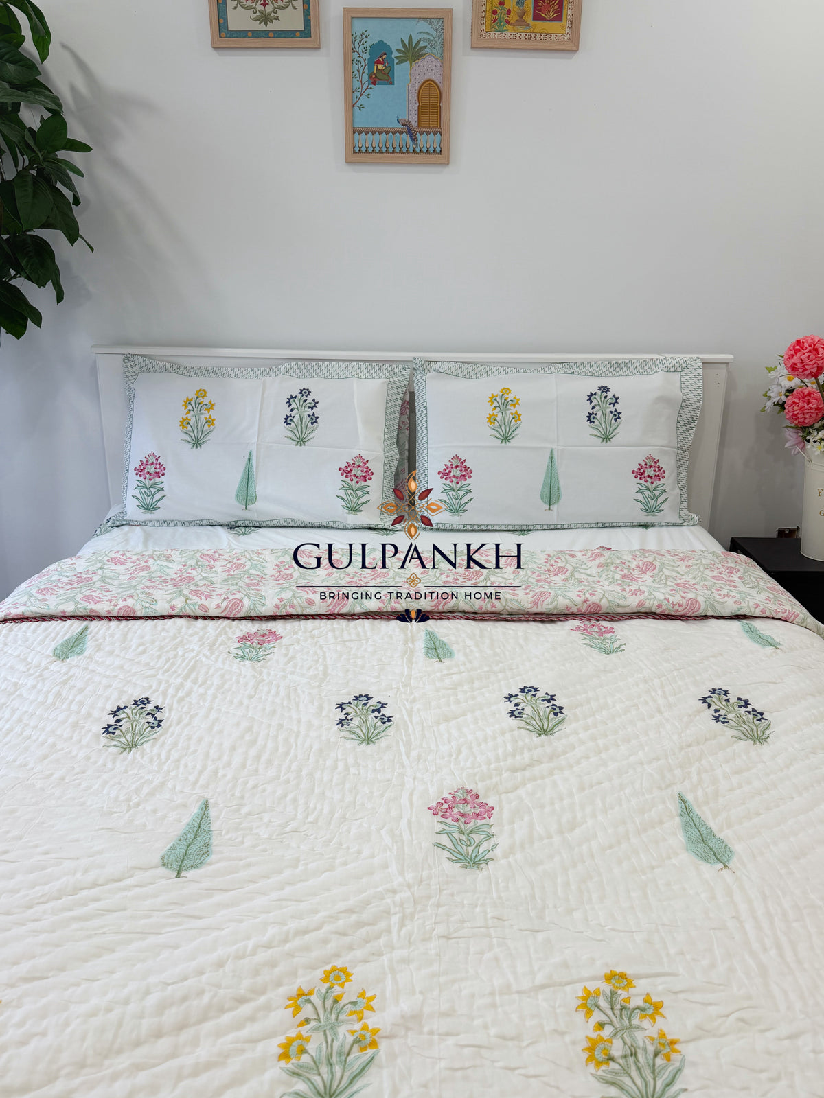 Hand Block Printed Cotton Bedding Set with Quilt - Blush Meadow Bloom | Gulpankh Canada