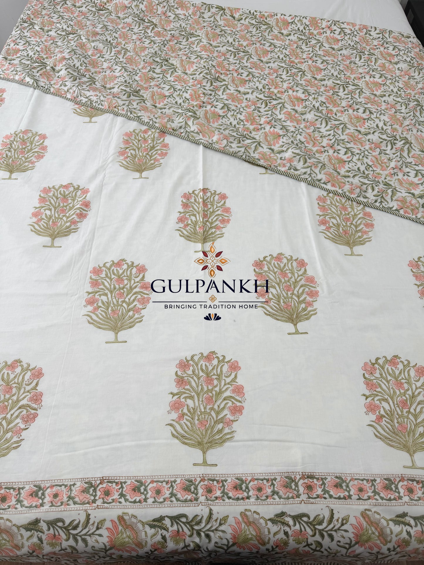 Hand Block Printed Mulmul Cotton Dohar - Blush Blossom Grove | Gulpankh Canada