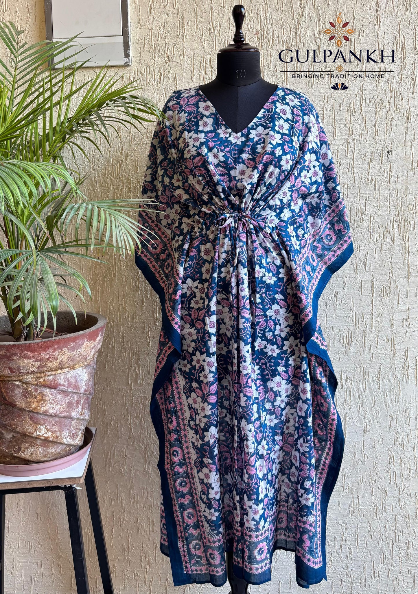 Hand Block Printed Cotton Kaftan – Midnight Blossom Vine | Gulpankh Canada