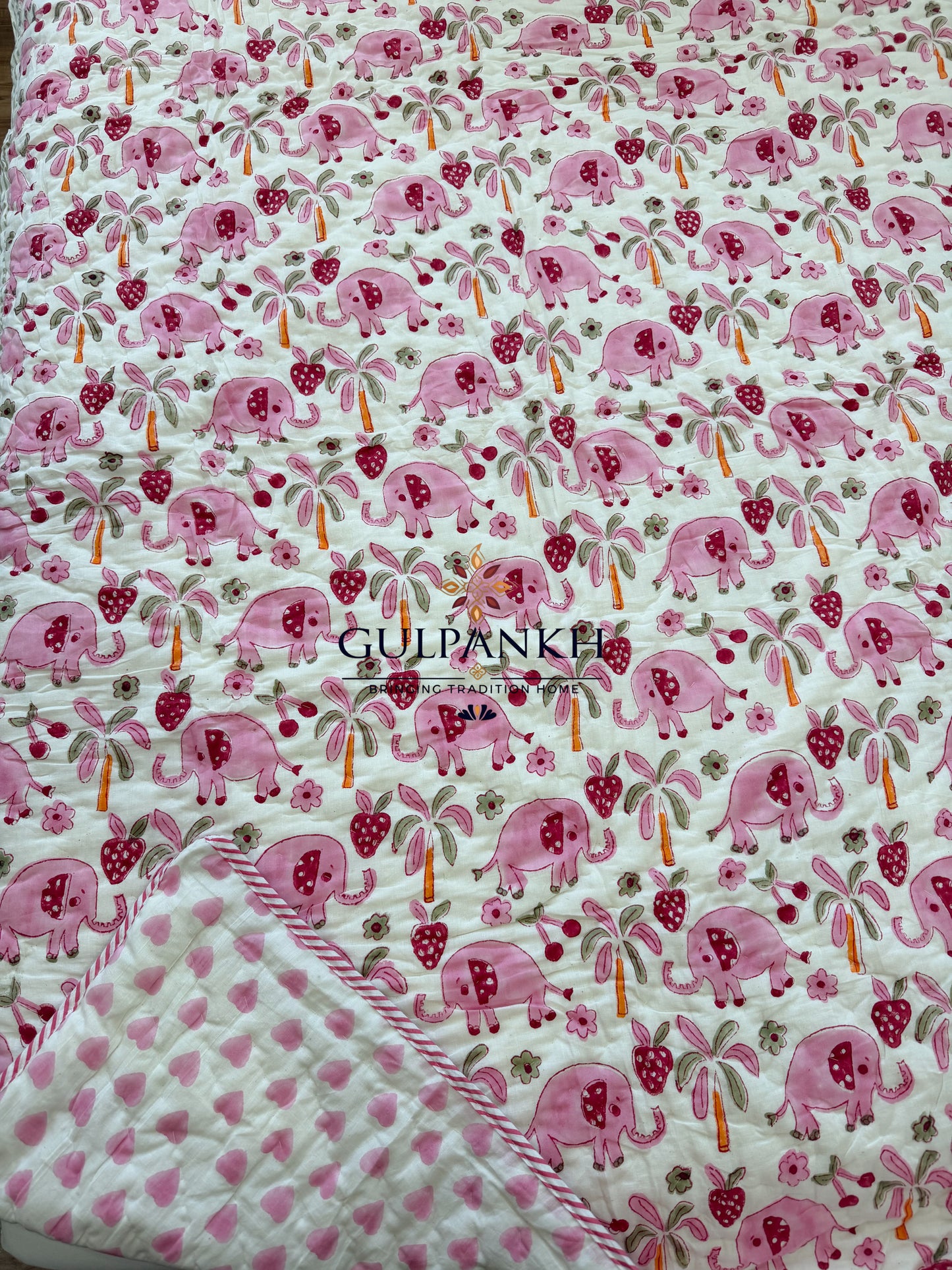 Hand Block Printed Baby Cotton Quilt - Blush Elephant Orchard | Gulpankh Canada