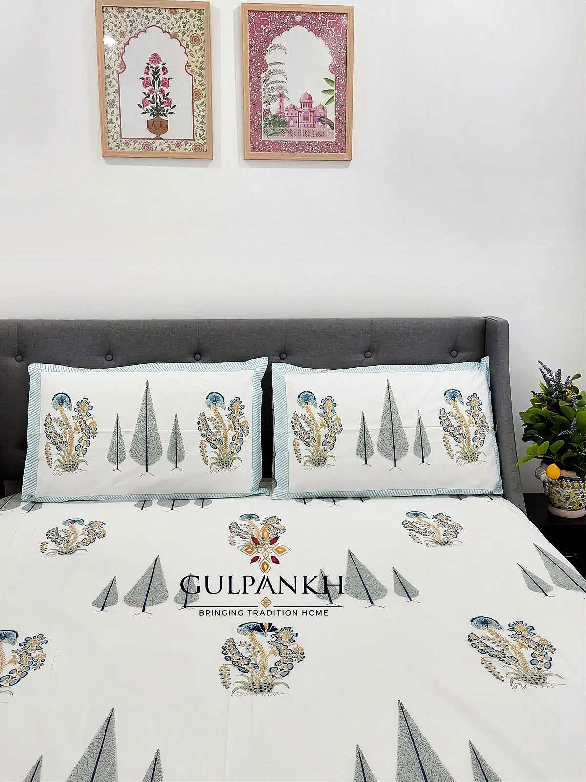 Hand Block Printed Queen Fitted Bedsheet - Neel Firdaus Grove | Gulpankh Canada