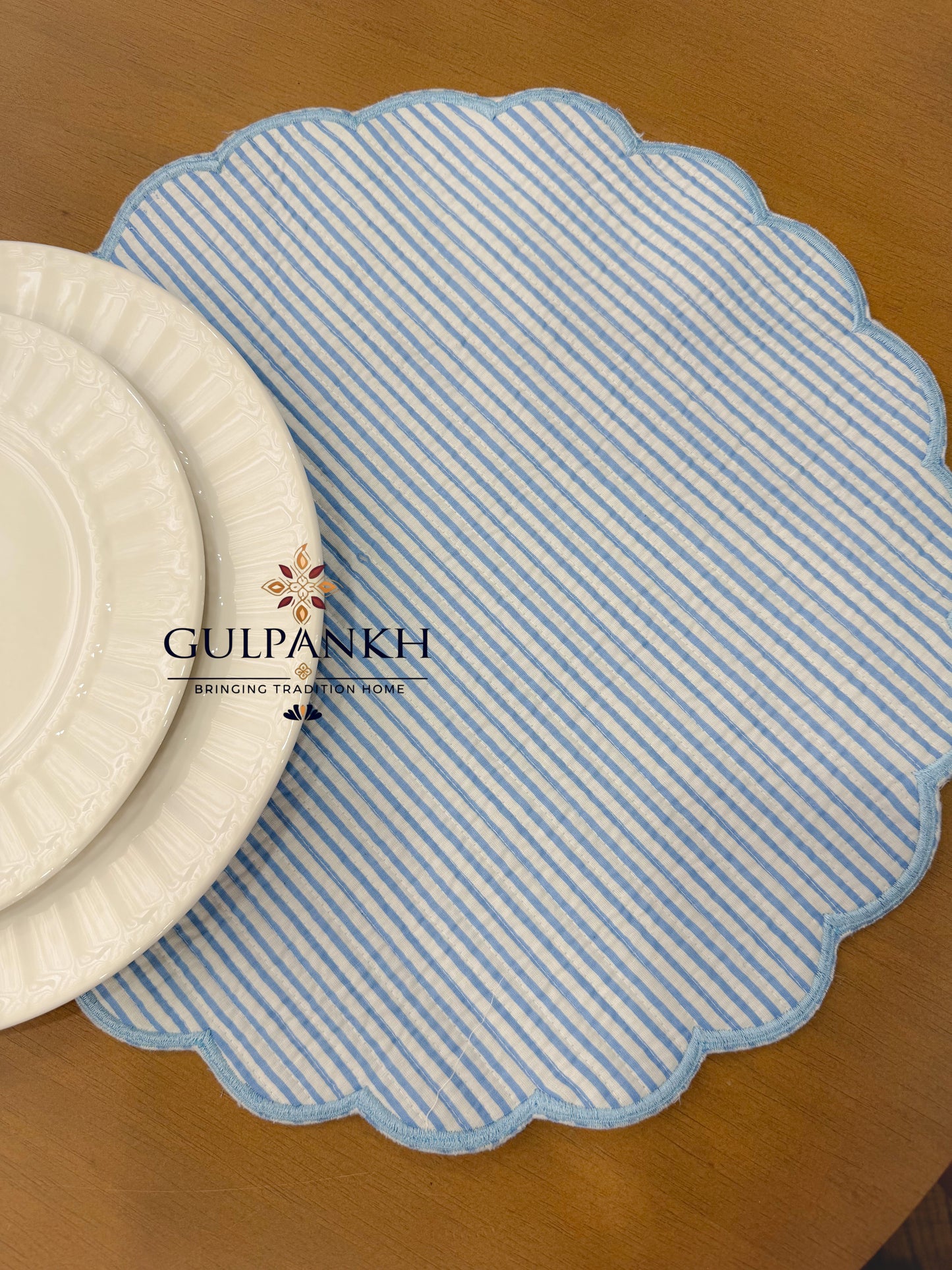 Hand Block Printed Quilted Scalloped Cotton Reversible Placemats - Azure Blossom | Gulpankh Canada