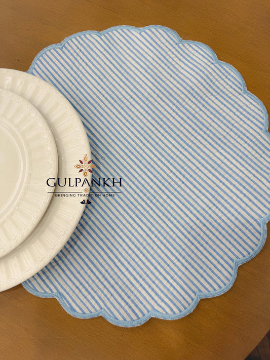 Hand Block Printed Quilted Scalloped Cotton Reversible Placemats - Azure Blossom | Gulpankh Canada