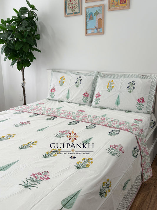 Hand Block Printed Cotton King Fitted Bedsheet with Matching Dohar - Blush Garden | Gulpankh Canada